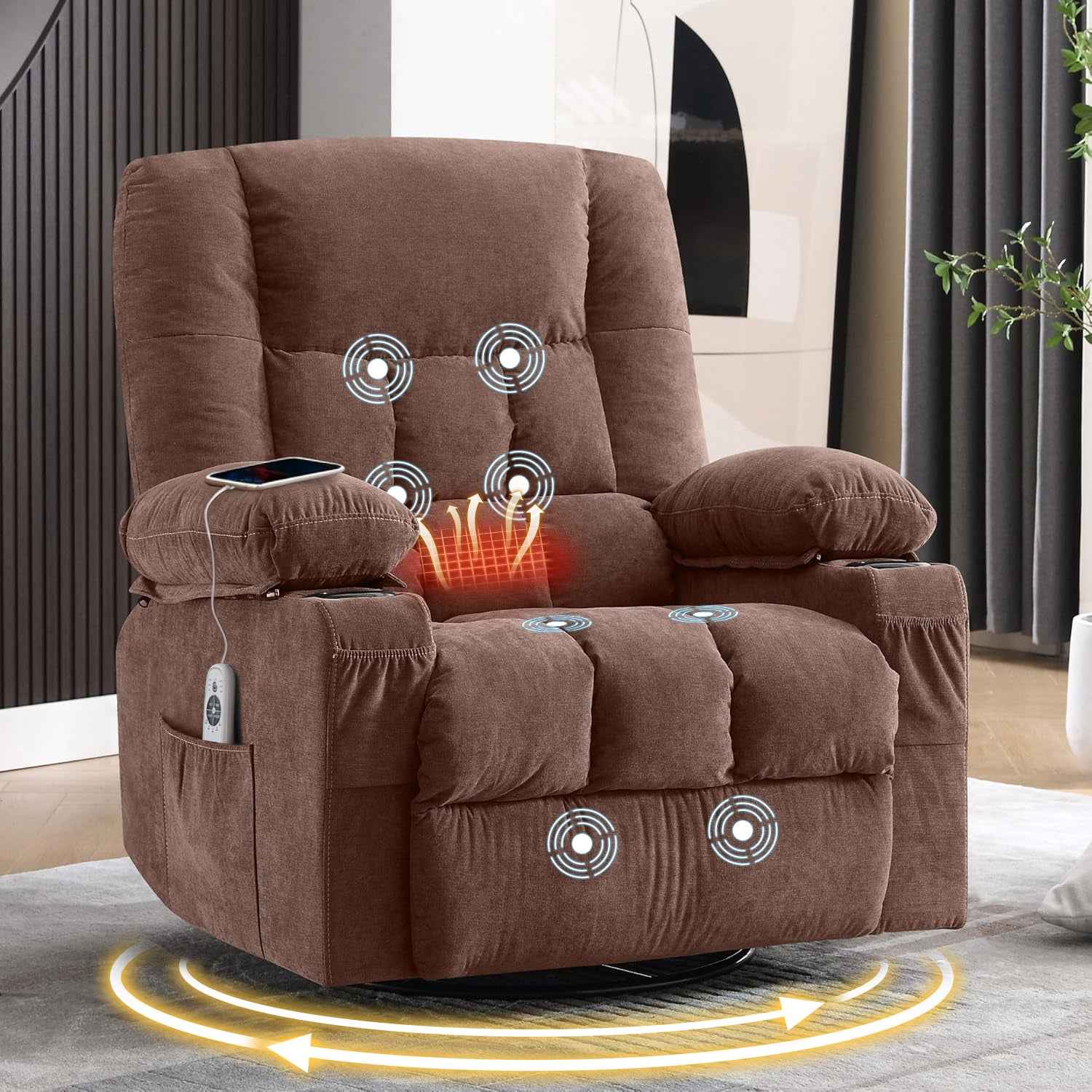 Massage Swivel Rocker Recliner with Vibration, Heat & Ergonomic Lounge Support detail image 9