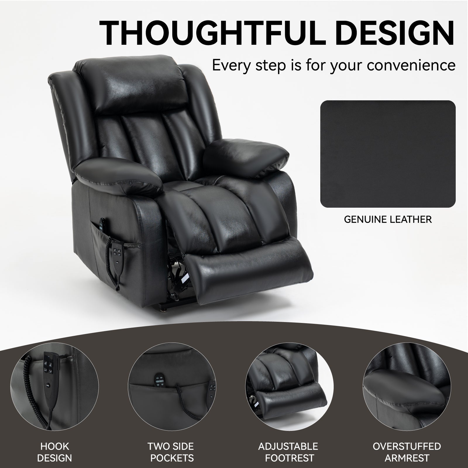 Dual-Motor Power Lift Genuine Leather Heat & Massage Recliner detail image 17