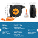 Retractable Heavy-Duty Extension Cord Reel with Triple-Tap Outlet for workshop, garage, storage, or utility use