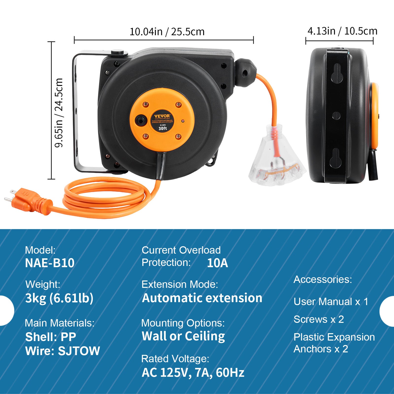 Retractable Heavy-Duty Extension Cord Reel with Triple-Tap Outlet for workshop, garage, storage, or utility use