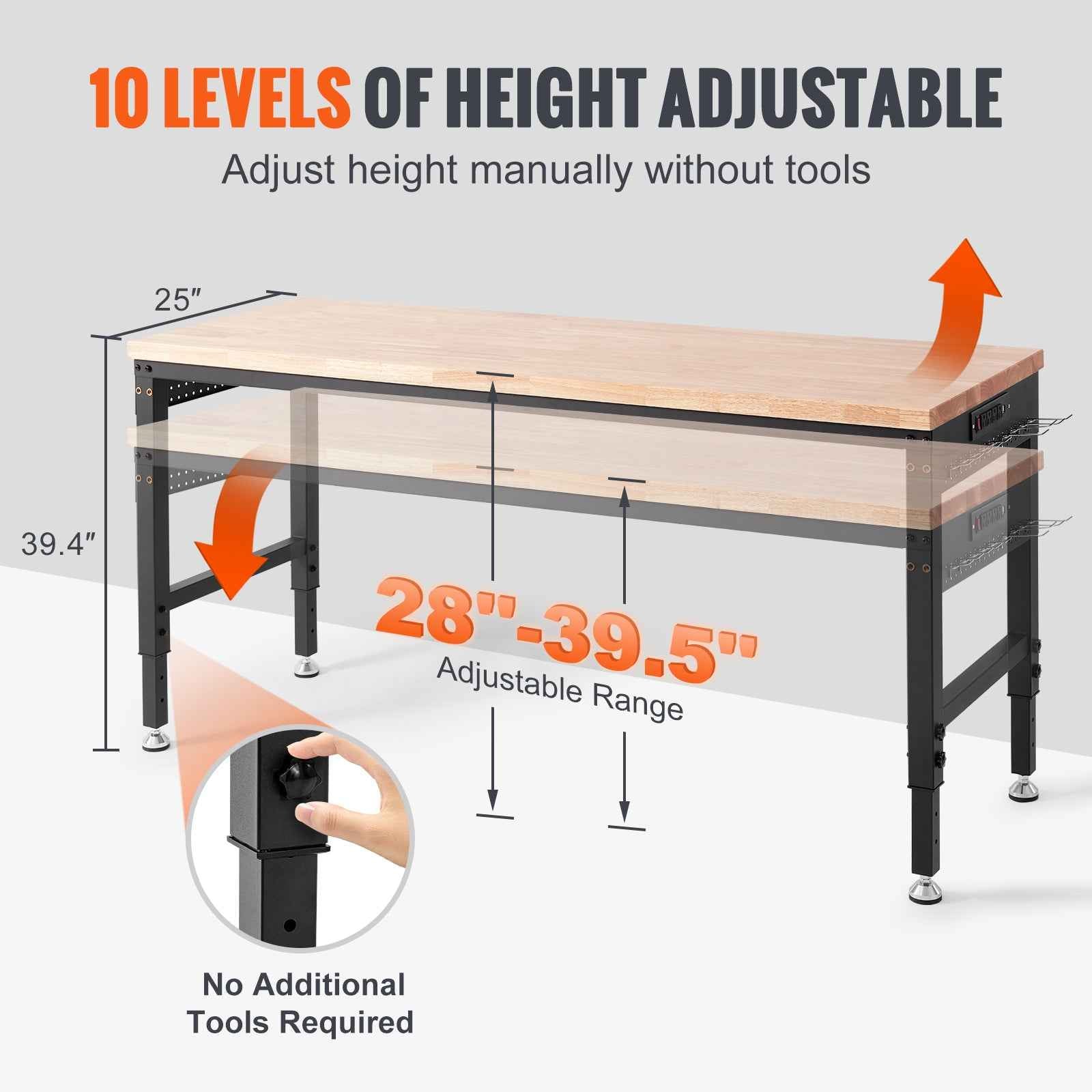 VEVOR Adjustable Height Hardwood Workbench with Power Outlets for workshop, garage, storage, or utility use