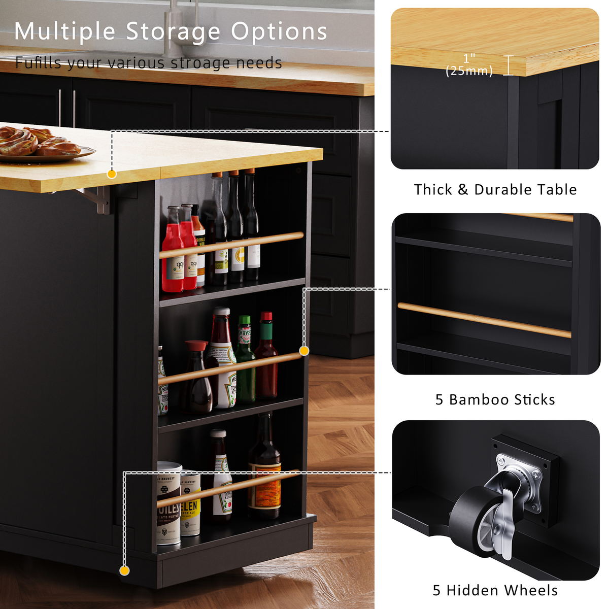 53 in. Farmhouse Kitchen Island with Power Outlet & Stools product view 103