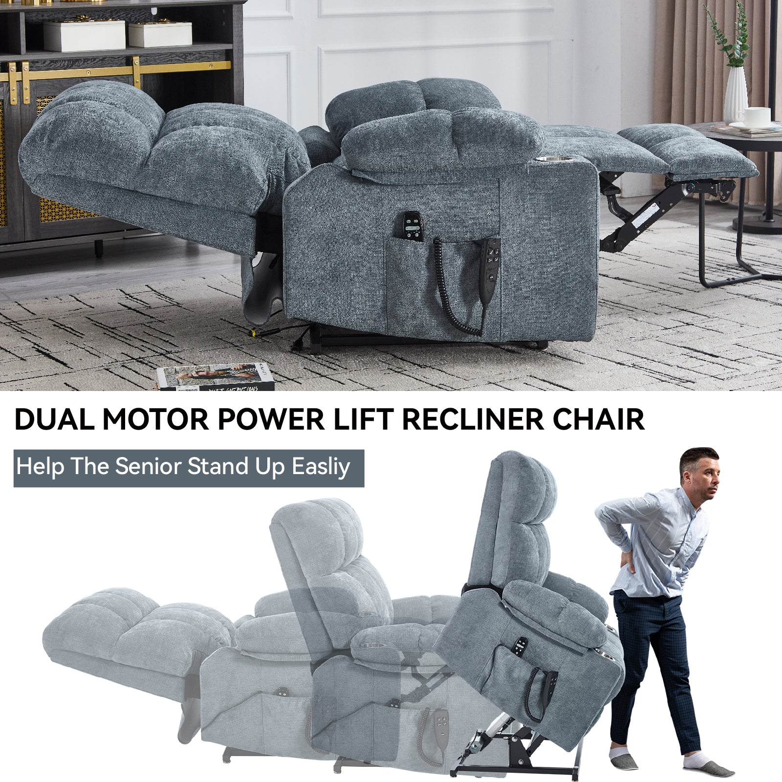 Chenille Dual-Motor Power Lift Recliner, 350 lb Capacity detail image 61