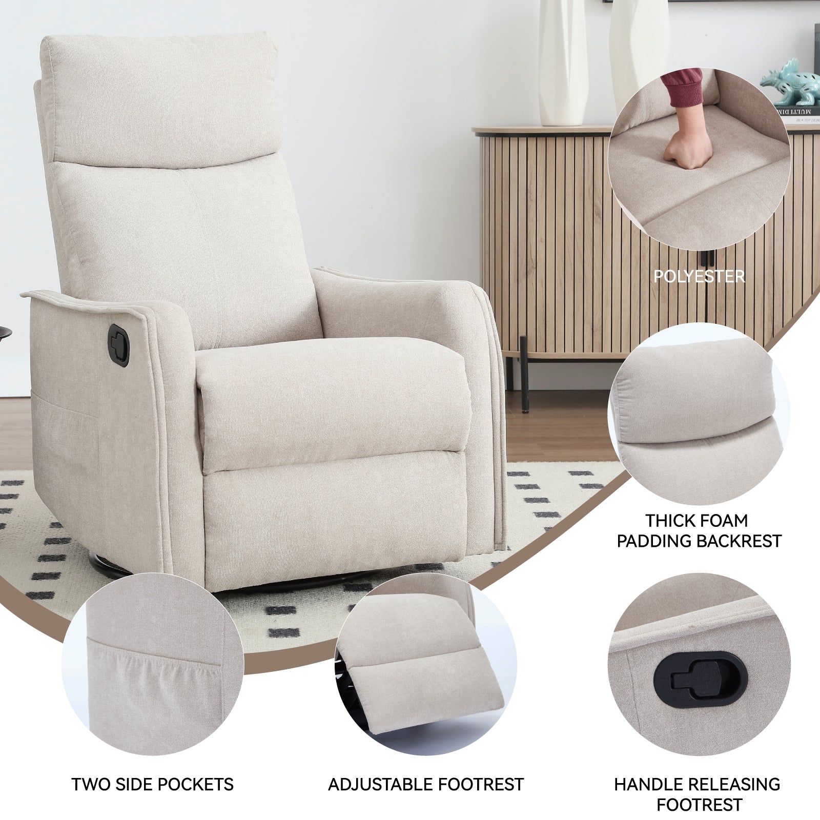 Heat Massage Manual Recliner Chair with Rocker and Swivel in Fabric for Living Room detail image 48