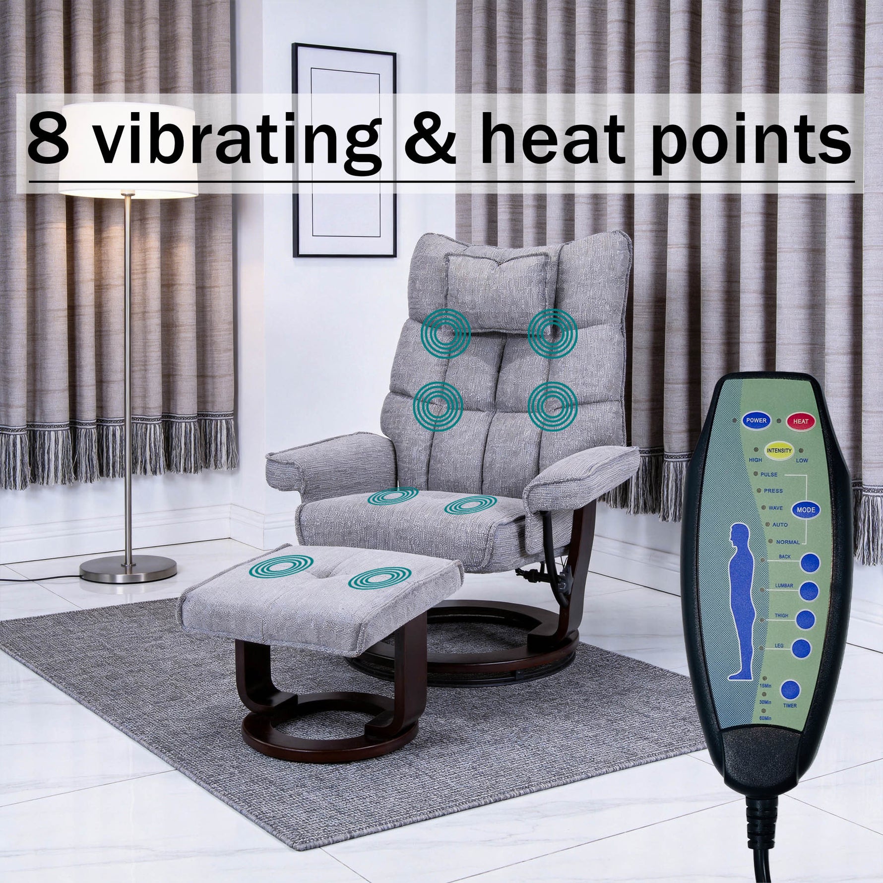 8-Point Massage Recliner with Ottoman, Heated Reclining Chair, Bent Wood Base detail image 4
