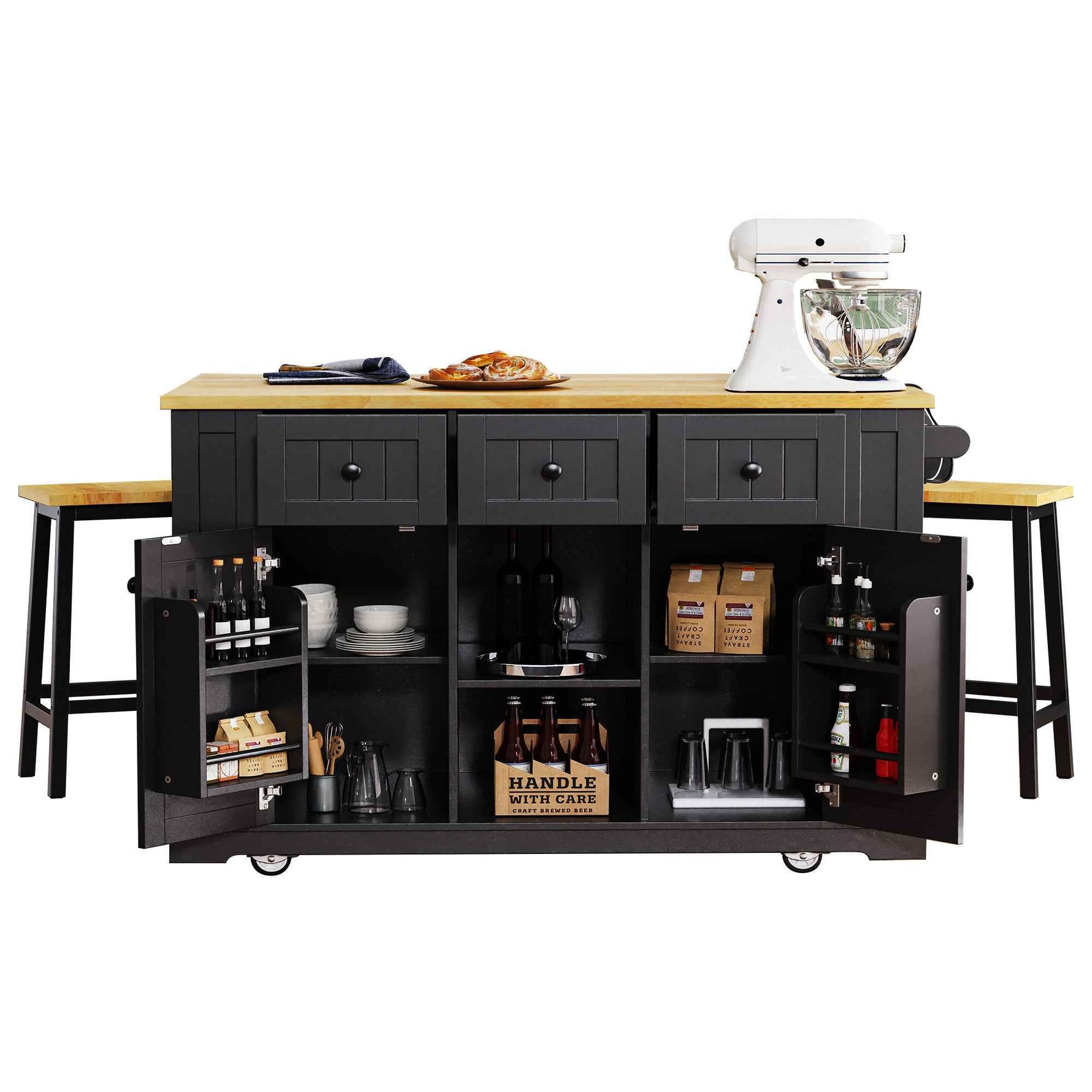 53 in. Farmhouse Kitchen Island with Power Outlet & Stools product view 109