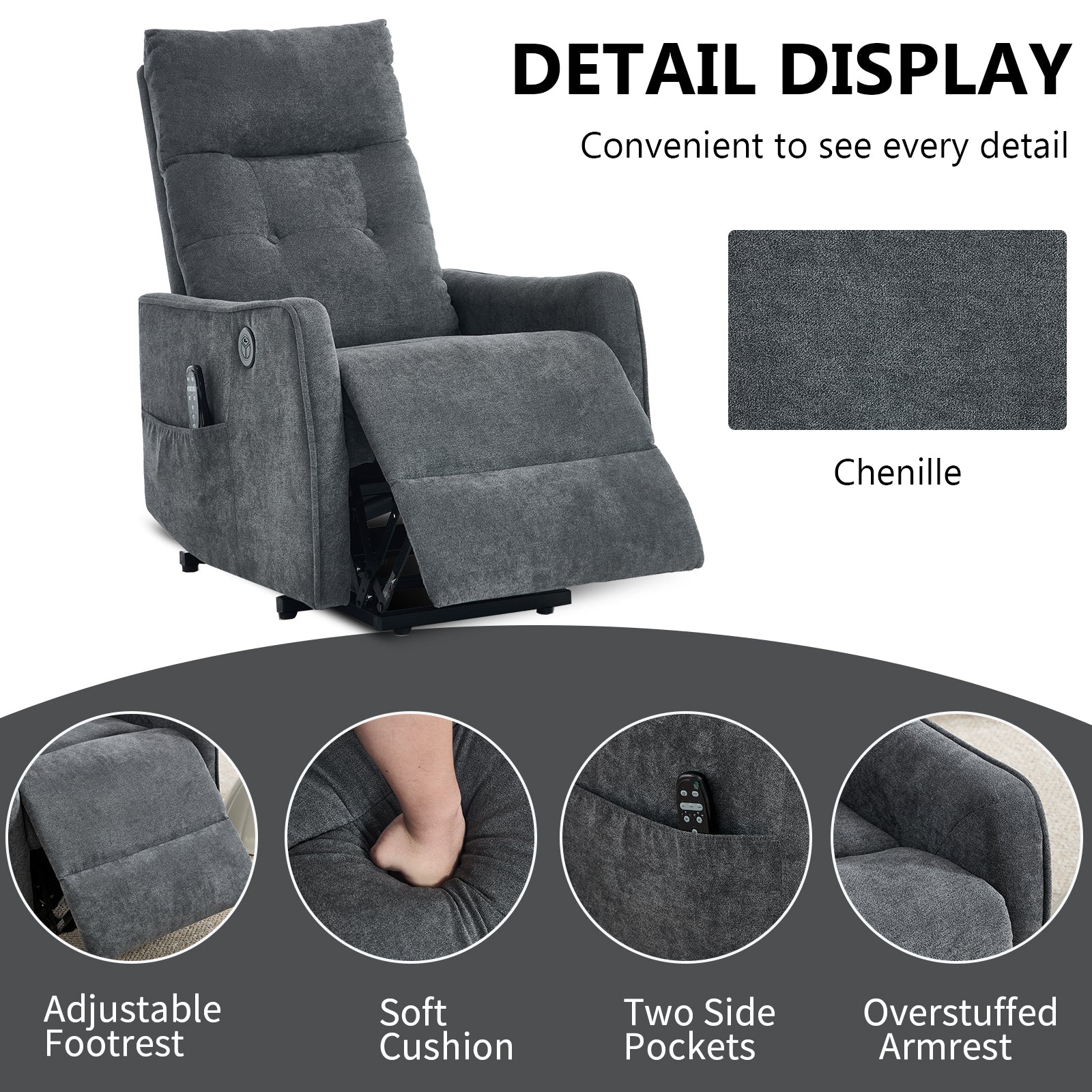 Chenille Single-Motor Power Lift Recliner with Massage & Heat detail image 44