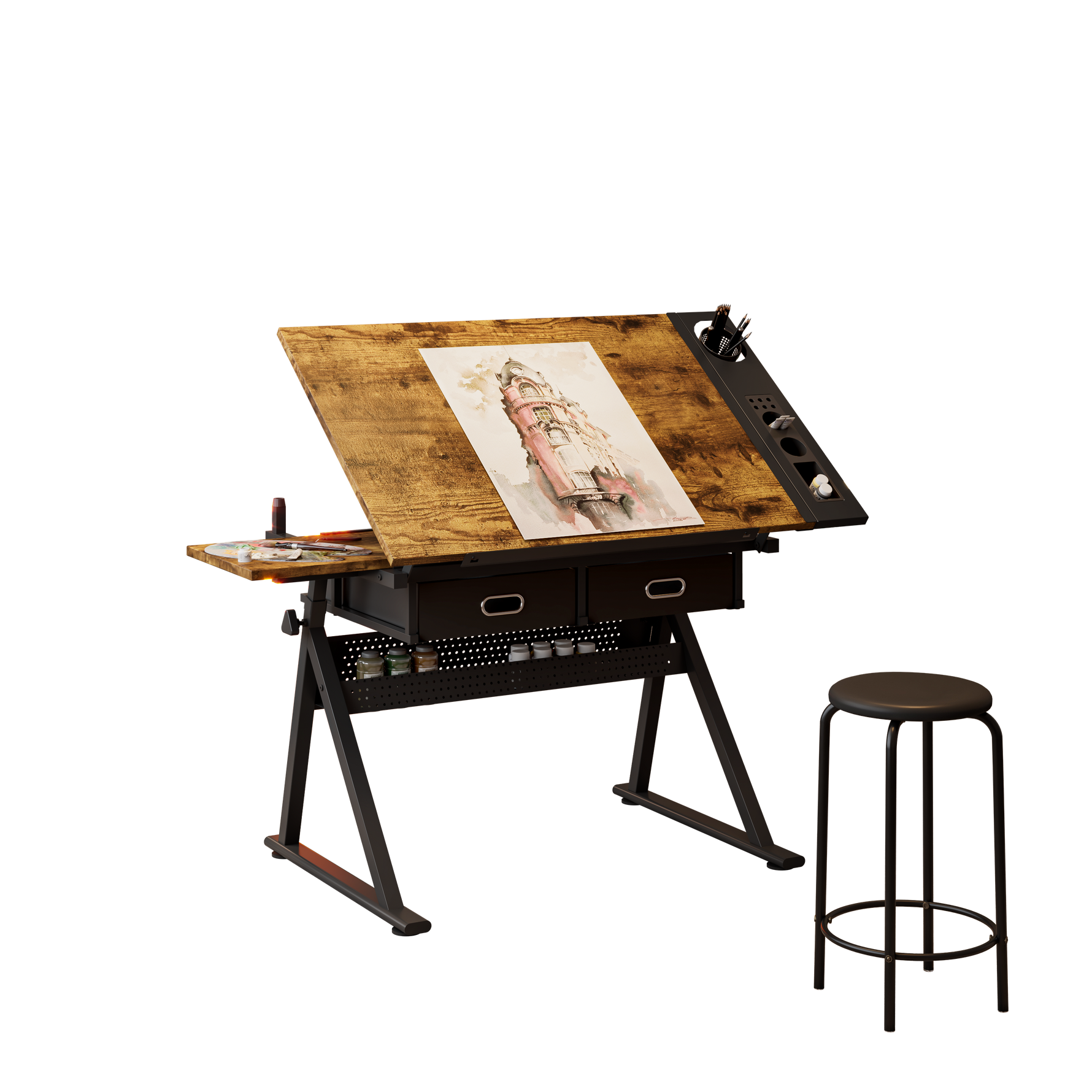 Hand Crank Adjustable Drafting Table with Drawers & Stool hobby and puzzle table