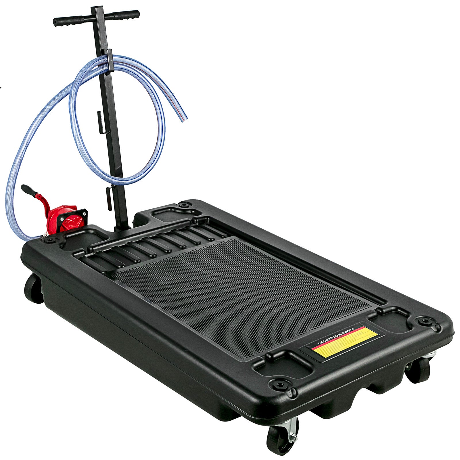 Low-Profile Rolling Oil Drain Pan with Manual Pump for workshop, garage, storage, or utility use