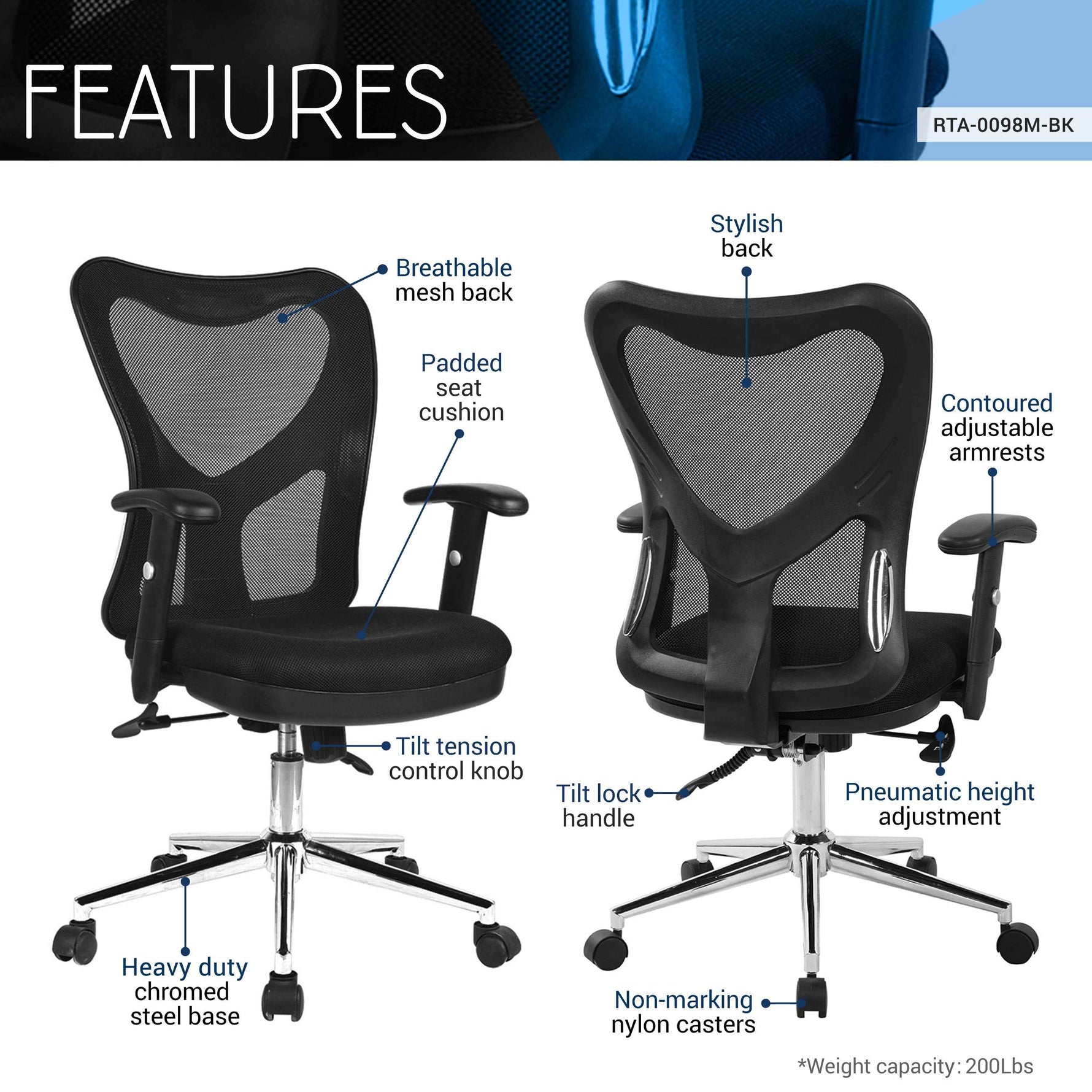 Techni Mobili High-Back Mesh Office Chair, Black for home office seating