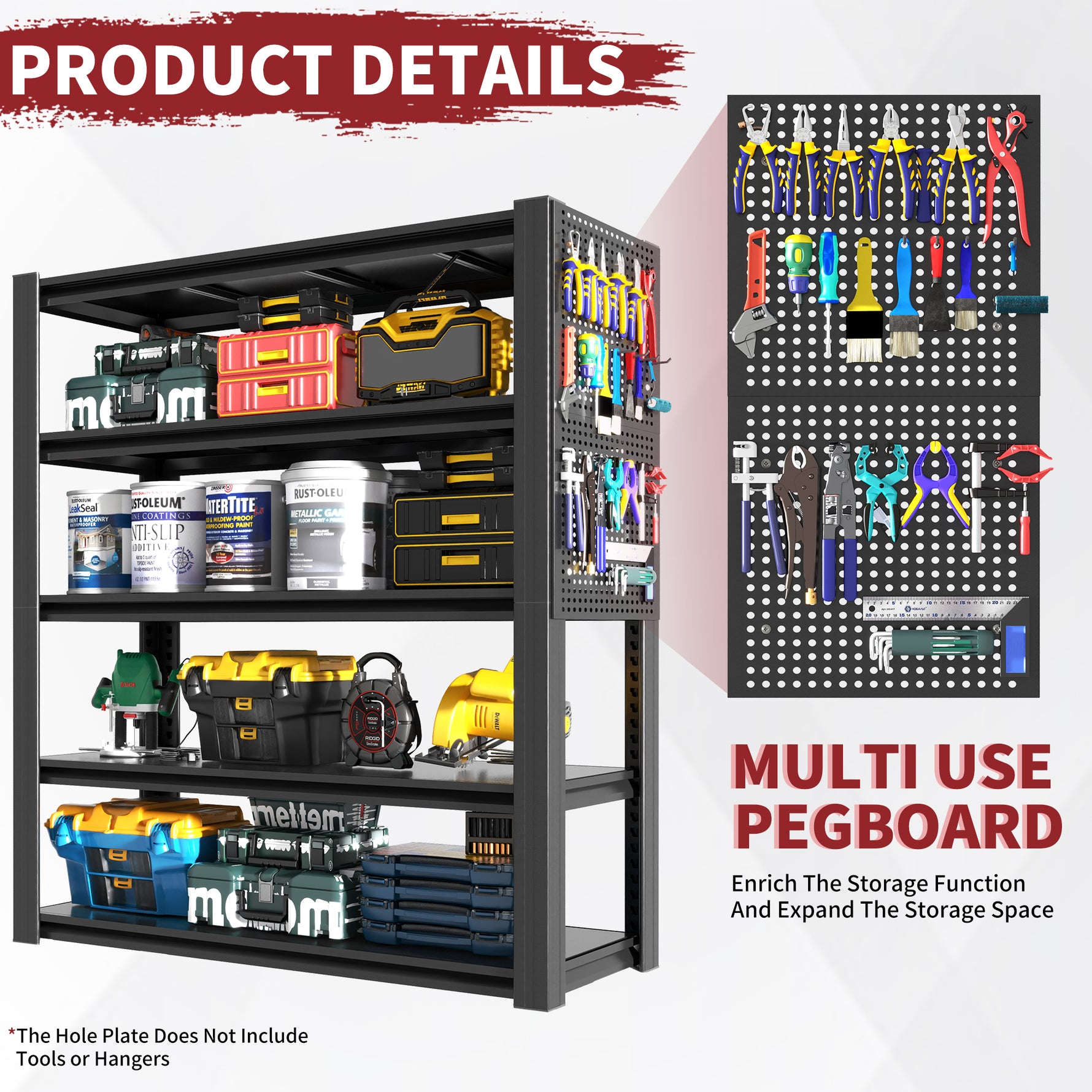 Industrial Heavy-Duty Metal 5-Tier Adjustable Shelving Unit with Pegboard for workshop, garage, storage, or utility use
