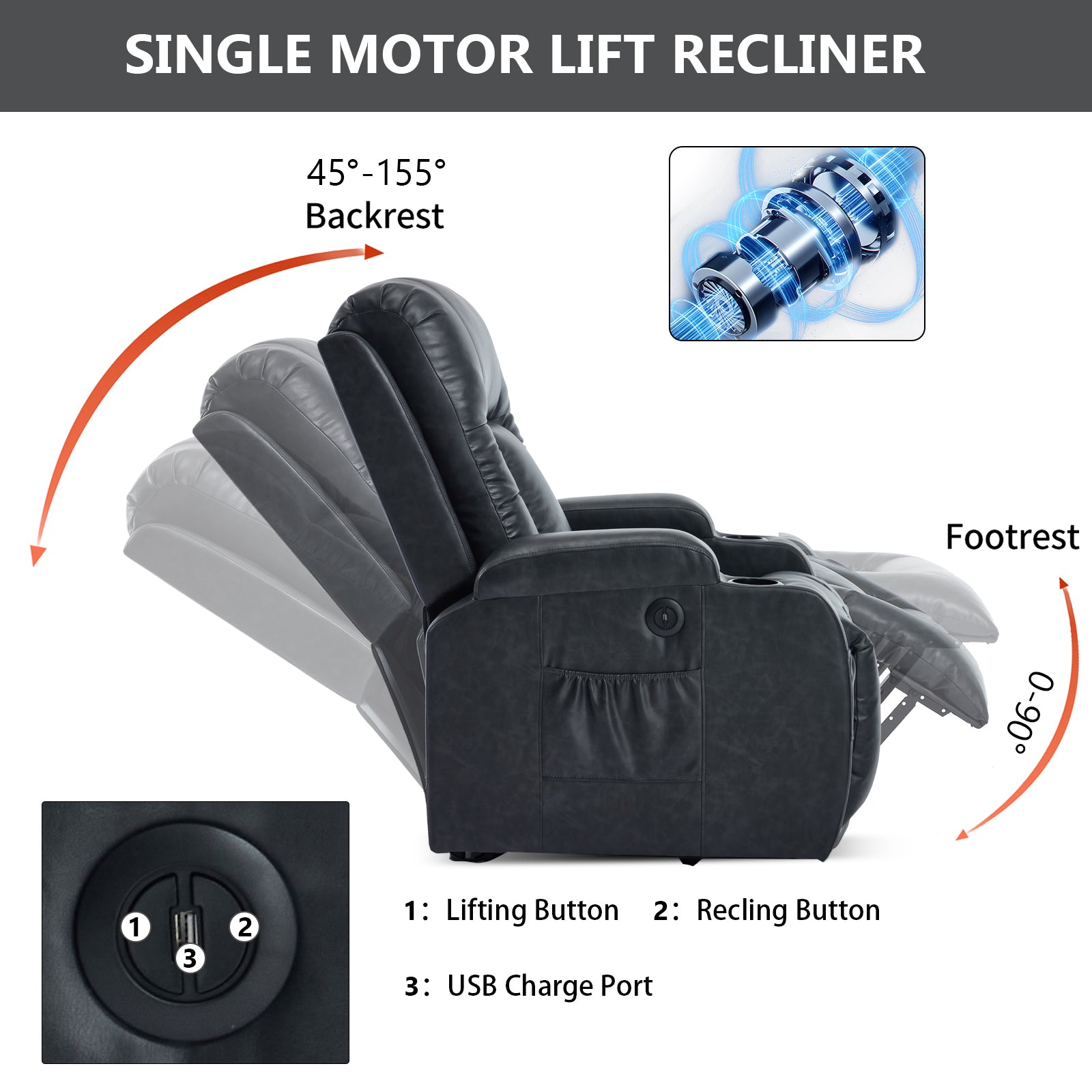 PU Infinite Position Up to 350 lb Single Motor Power Lift Recliner Chair detail image 6
