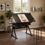 Hand Crank Adjustable Drafting Table with Drawers & Stool hobby and puzzle table