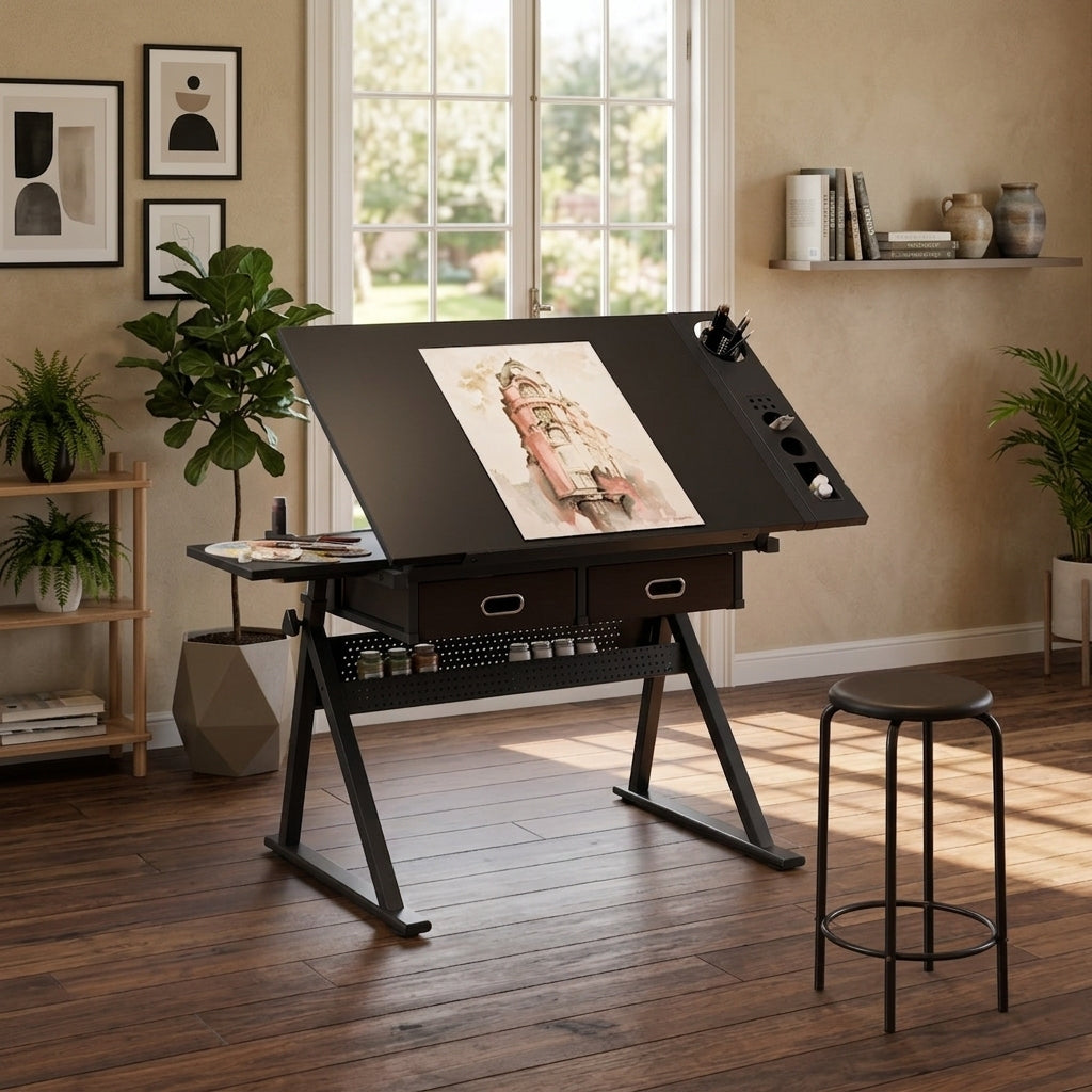 Hand Crank Adjustable Drafting Table with Drawers & Stool hobby and puzzle table