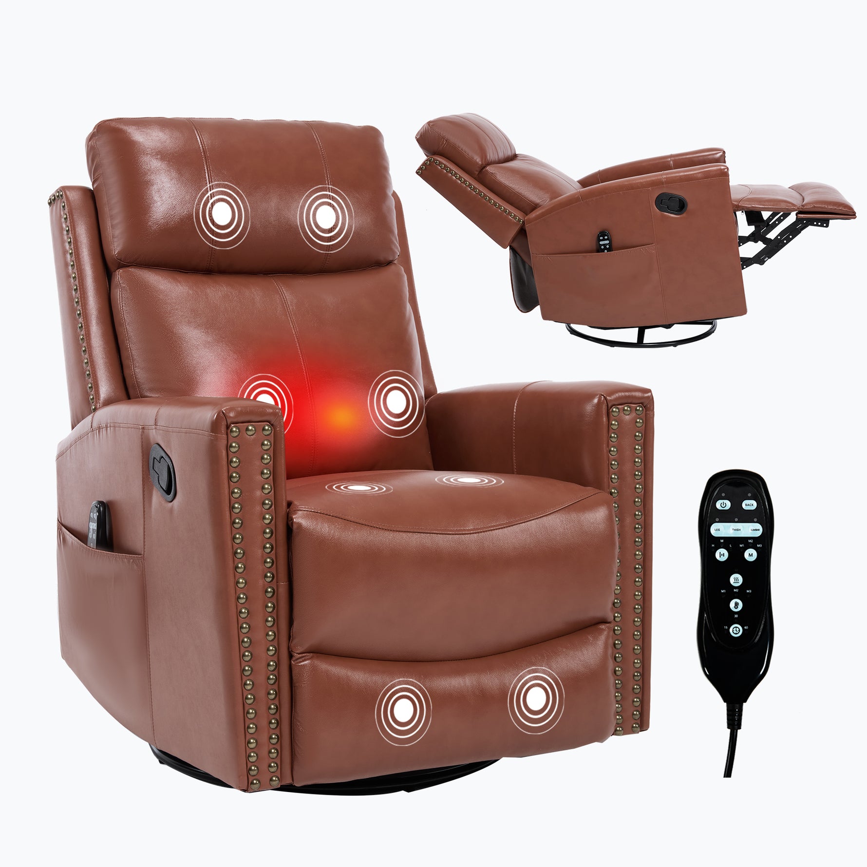 Genuine Leather Heat Massage Manual Recliner Chair with Rocker and Swivel for Living Room detail image 13