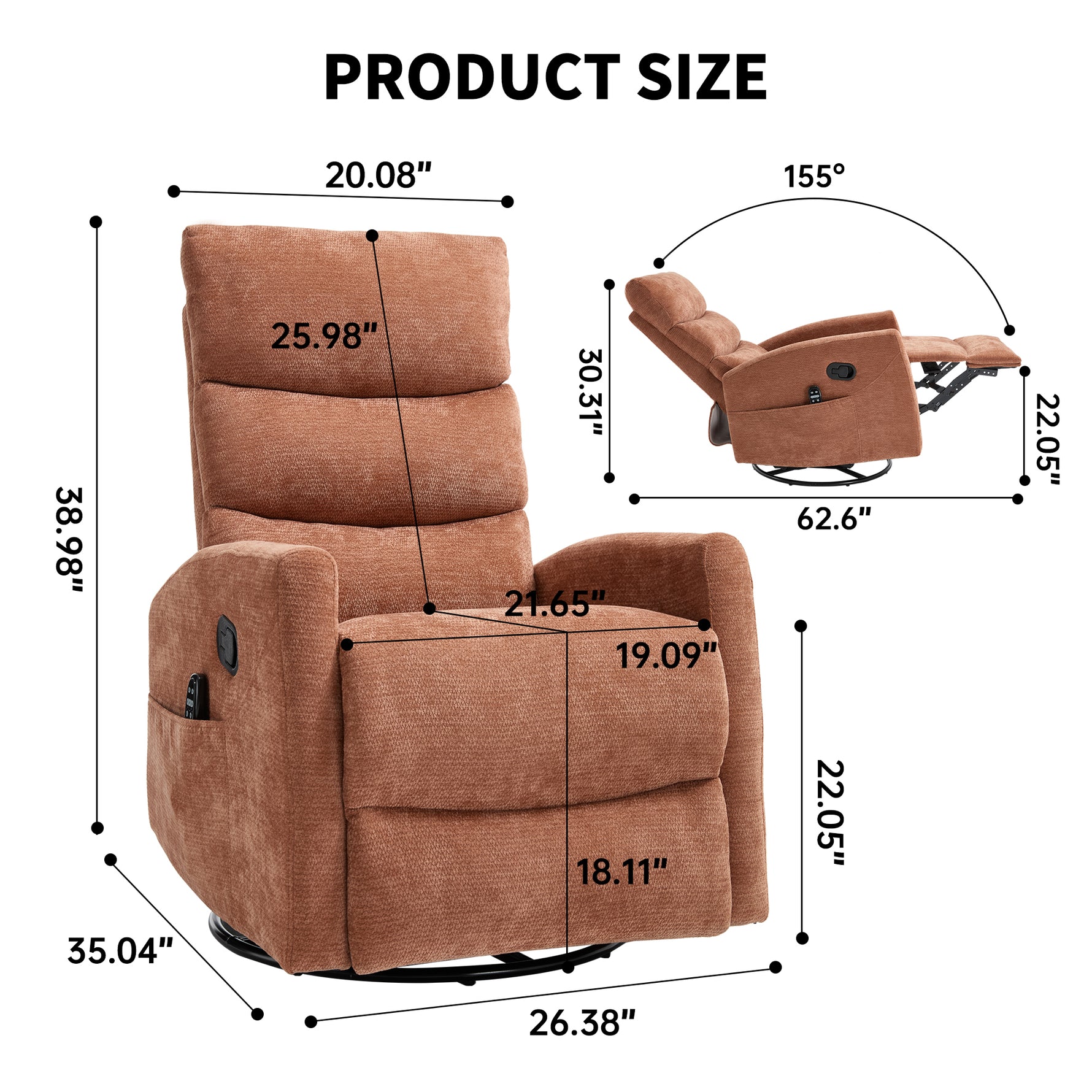 Heat Massage Manual Recliner Chair with Rocker and Swivel in Fabric for Living Room detail image 6