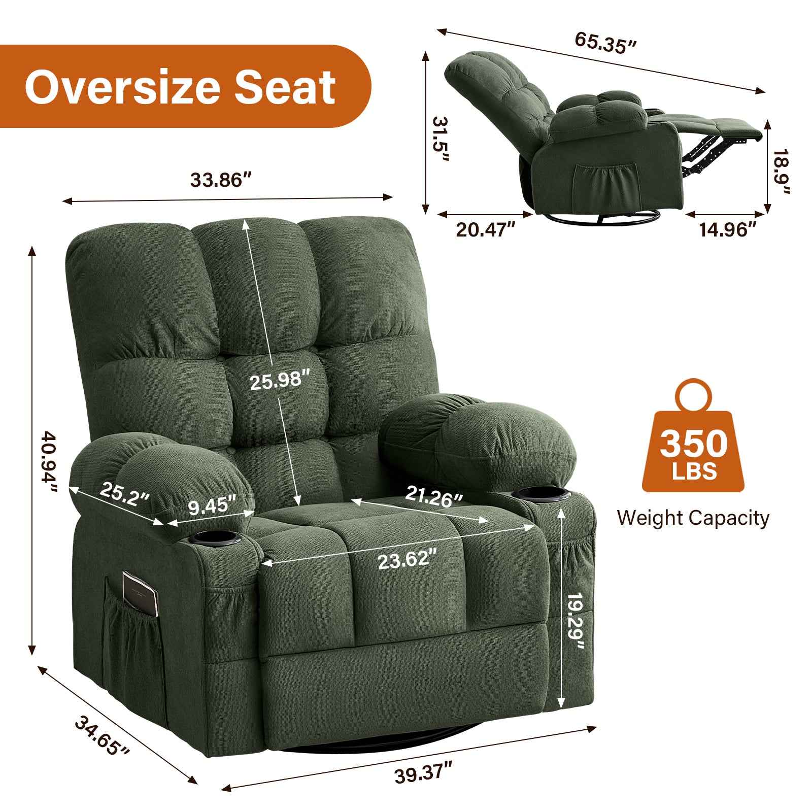Massage Swivel Rocker Recliner Chair with Vibration, Lumbar Heating, Side Pocket detail image 16