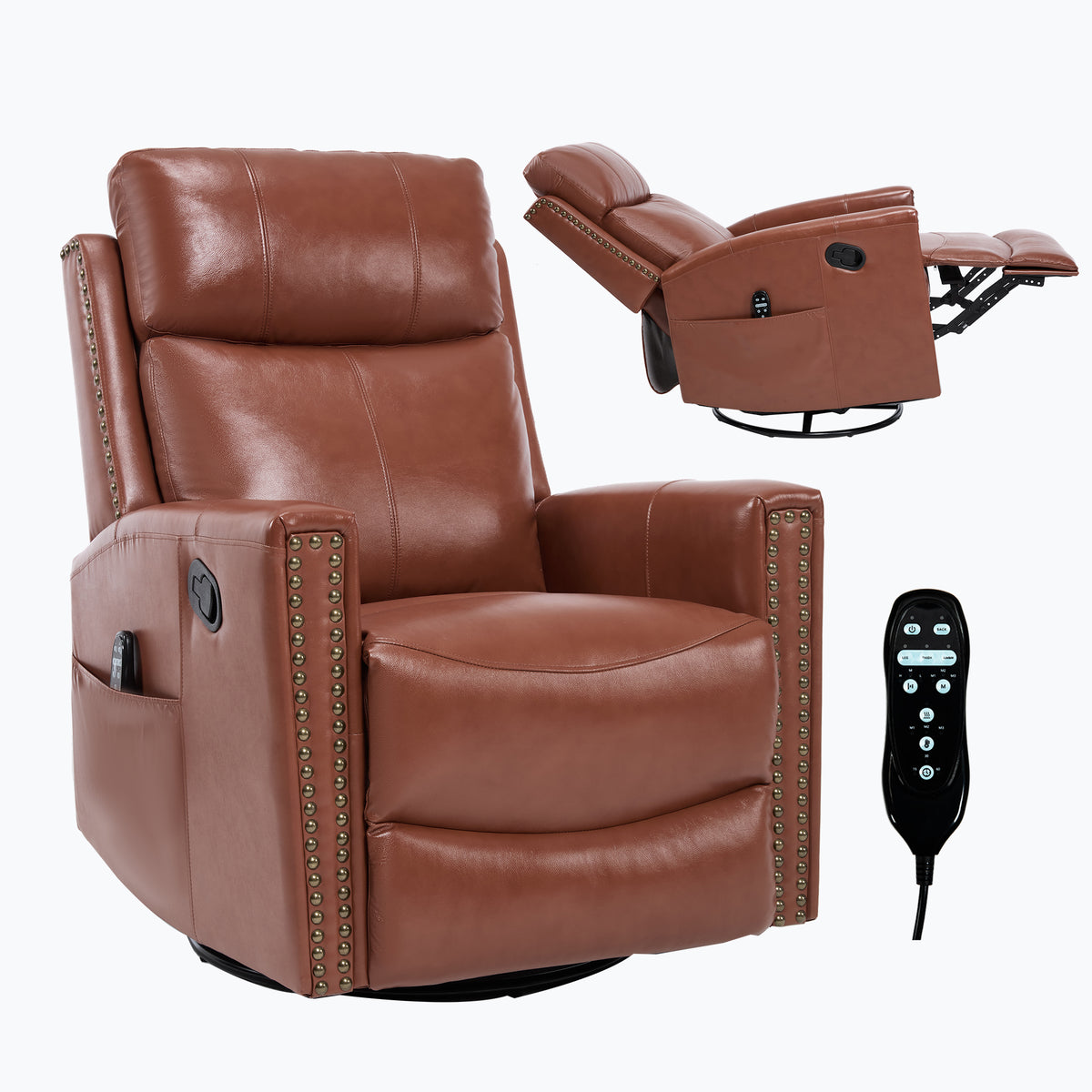 Genuine Leather Heat Massage Manual Recliner Chair with Rocker and Swivel for Living Room detail image 14