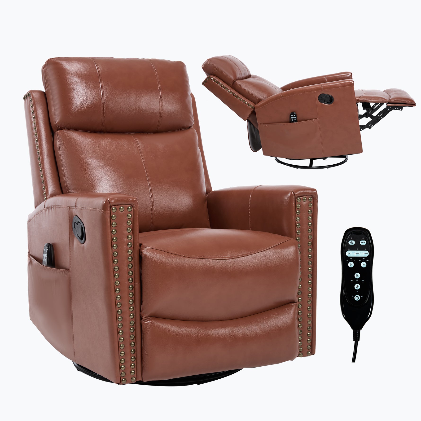 Genuine Leather Heat Massage Manual Recliner Chair with Rocker and Swivel for Living Room detail image 14