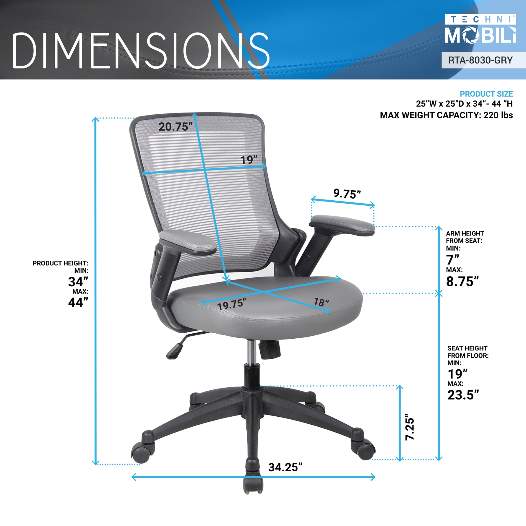 Techni Mobili Mid-Back Mesh Task Office Chair with Height Adjustable Arms for home office seating