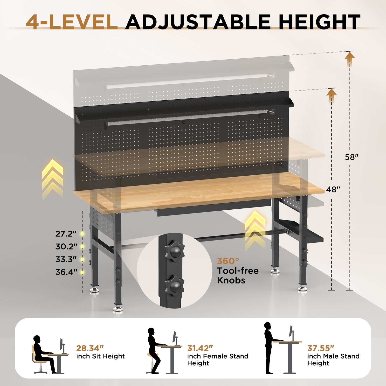 60" Adjustable-Height Workbench with Solid Wood Top for workshop, garage, storage, or utility use