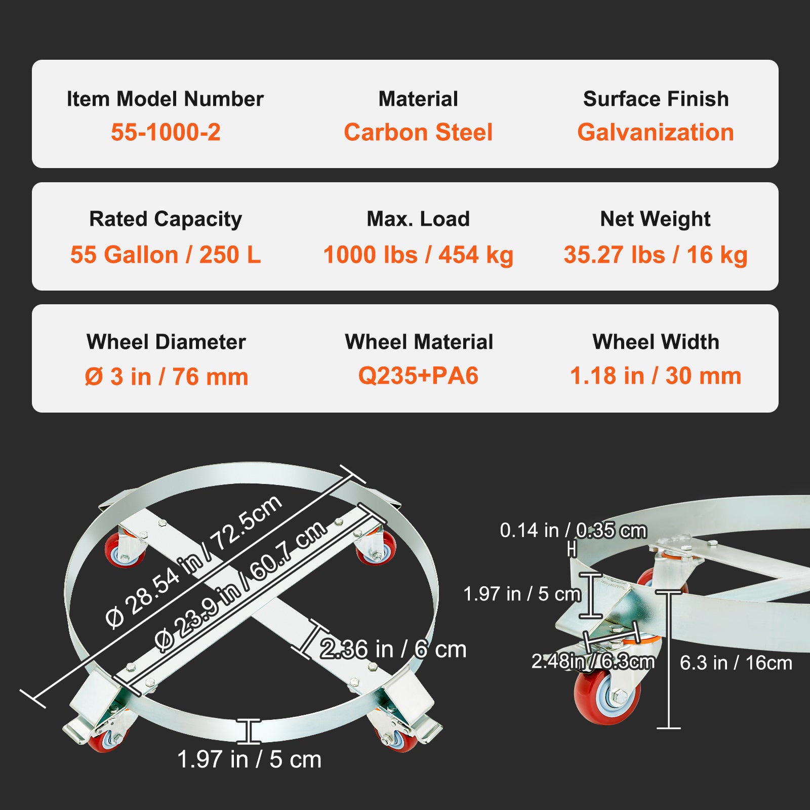2PCS 55 Gallon Heavy Duty Drum Dolly, 1000 lb Load Capacity, Barrel Dolly Cart Drum Caddy for workshop, garage, storage, or utility use