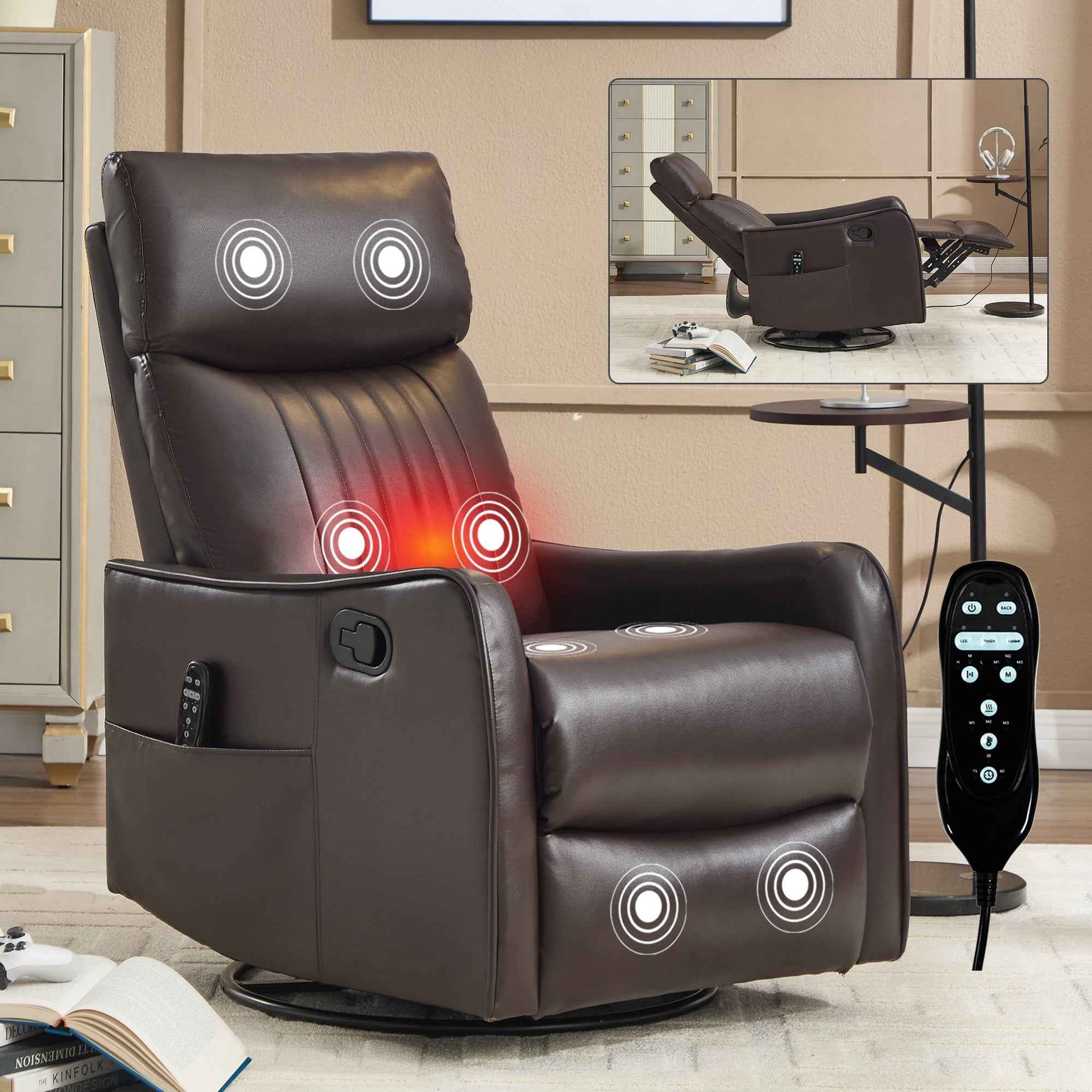 Faux Leather Heat Massage Manual Recliner Chair with Rocker and Swivel for Living Room detail image 20
