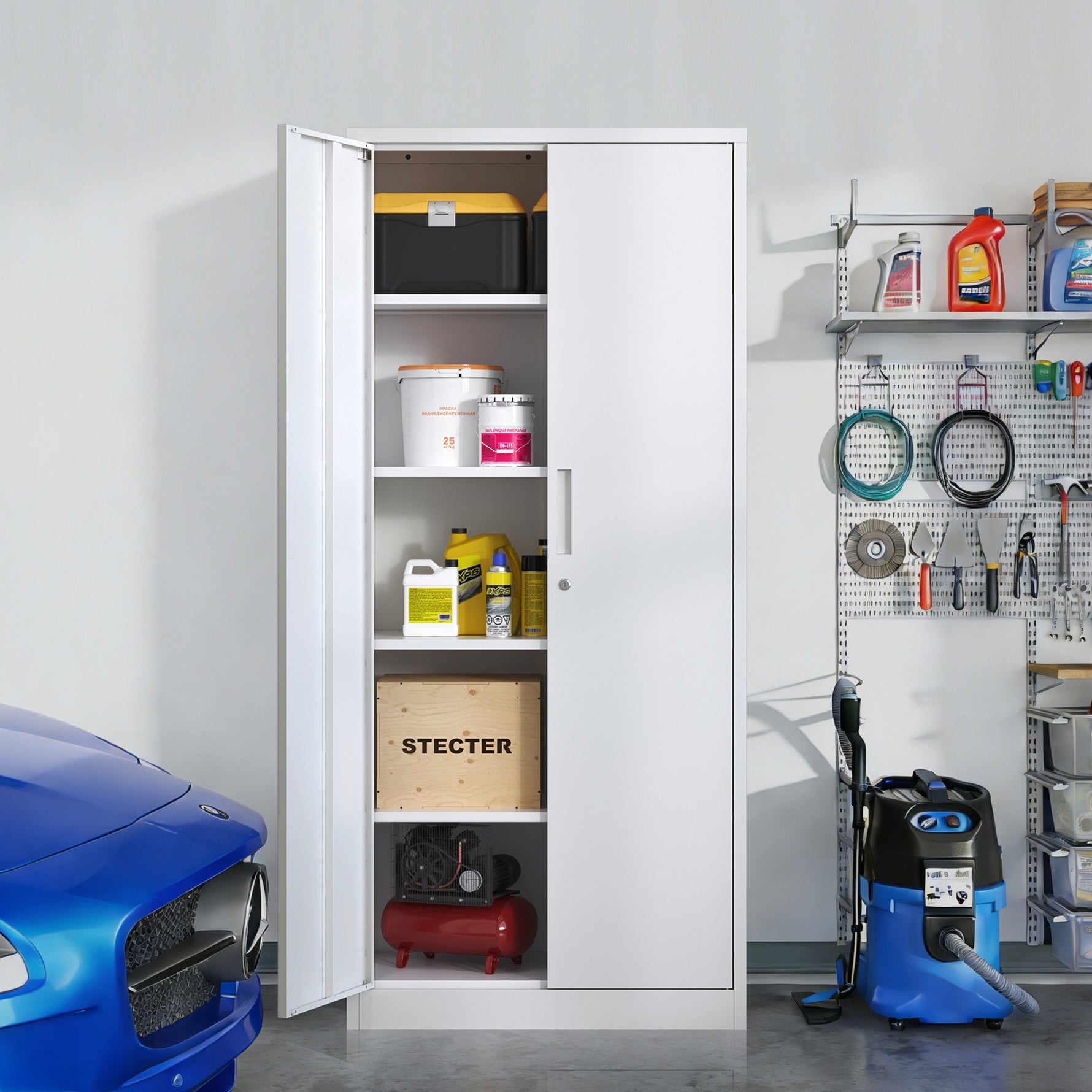 Locking Steel Garage Storage Cabinet with 4 Adjustable Shelves for workshop, garage, storage, or utility use