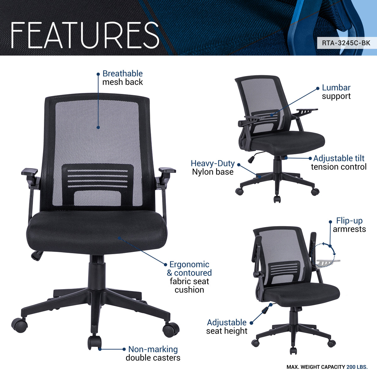 Techni Mobili Ergonomic Mesh Office Chair, Black for home office seating