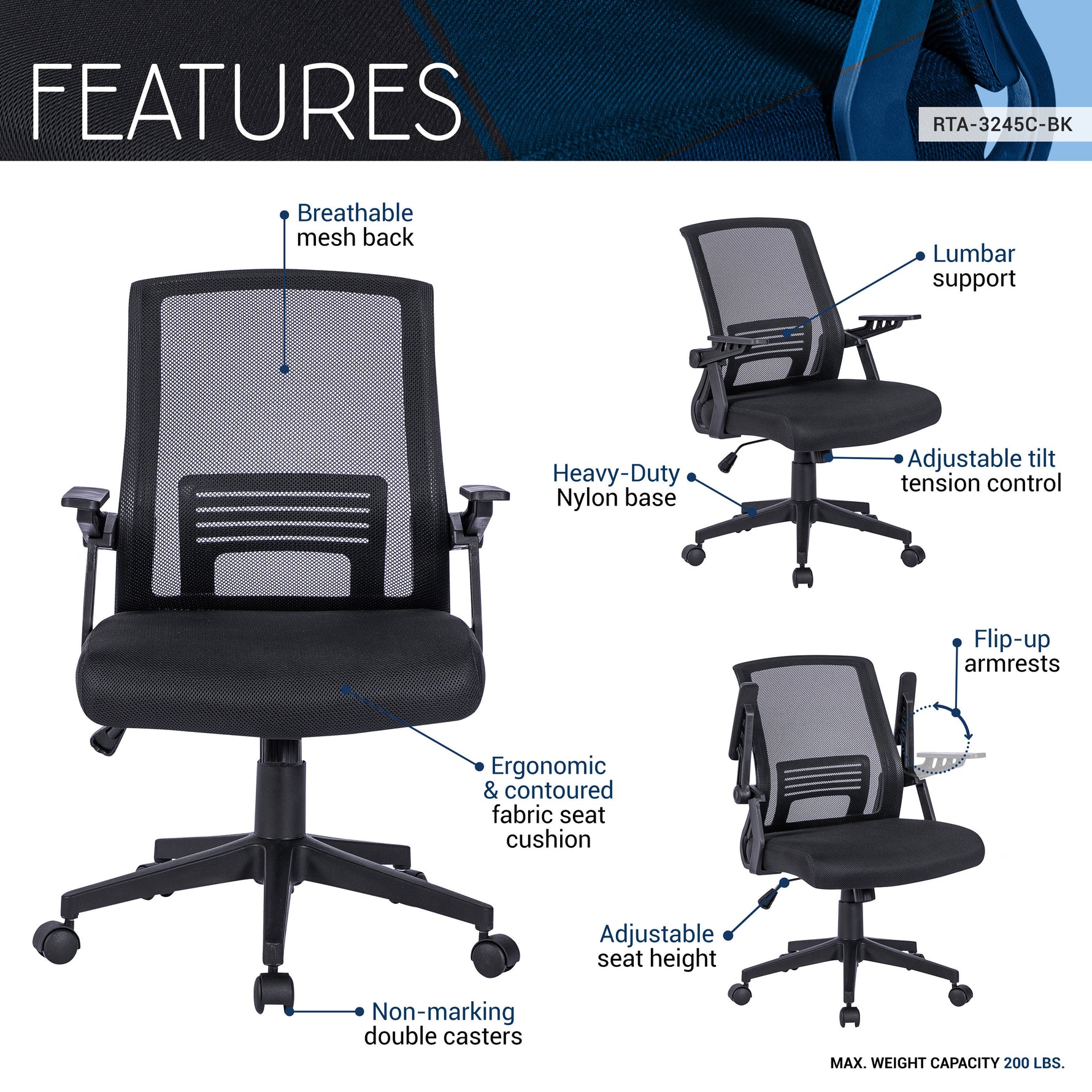 Techni Mobili Ergonomic Mesh Office Chair, Black for home office seating