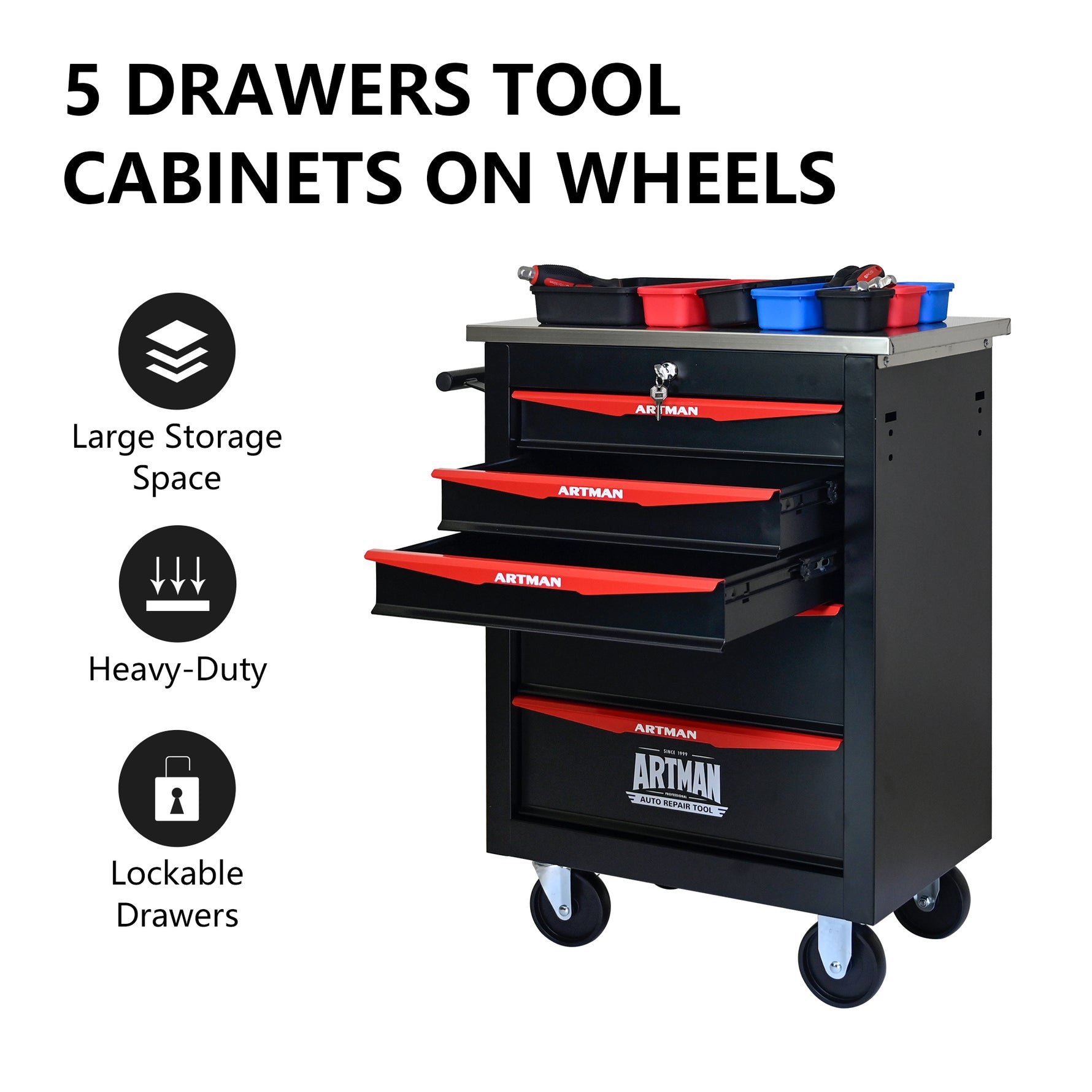 Rolling 5-Drawer Steel Tool Chest with Stainless Steel Top for workshop, garage, storage, or utility use