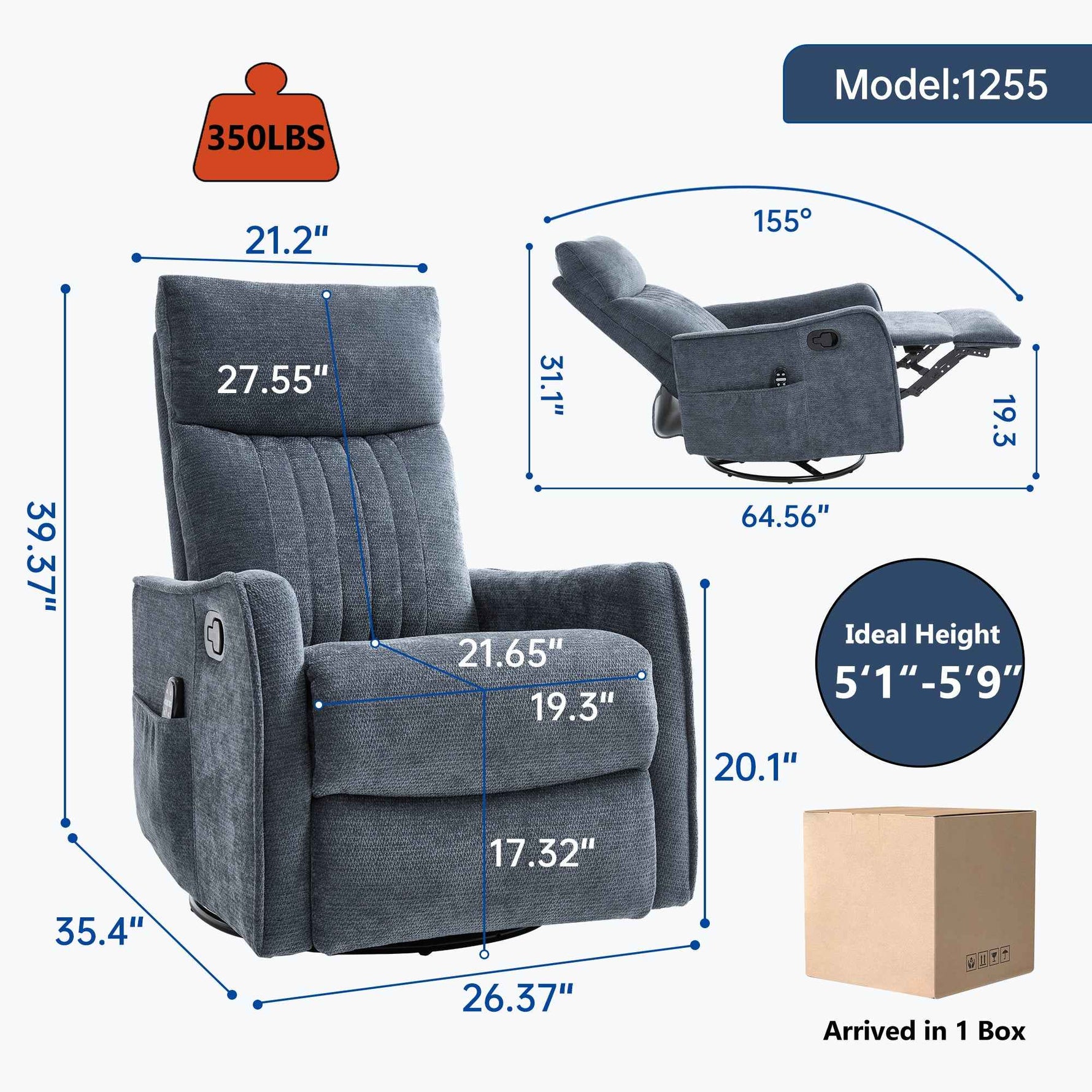 Heat Massage Manual Recliner Chair with Rocker and Swivel in Fabric for Living Room detail image 21