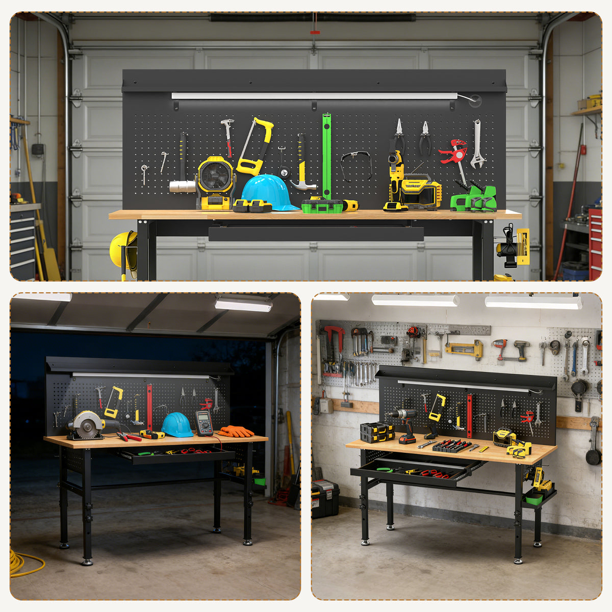60" Adjustable-Height Workbench with Solid Wood Top for workshop, garage, storage, or utility use