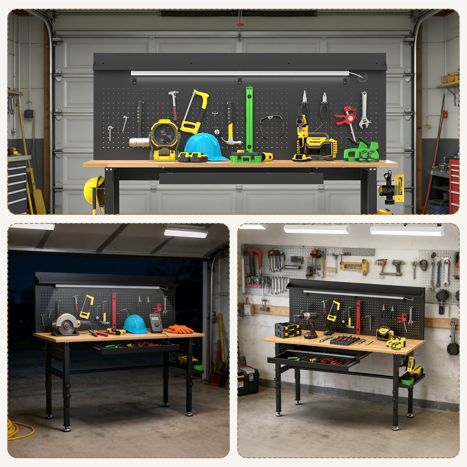 60" Adjustable-Height Workbench with Solid Wood Top for workshop, garage, storage, or utility use