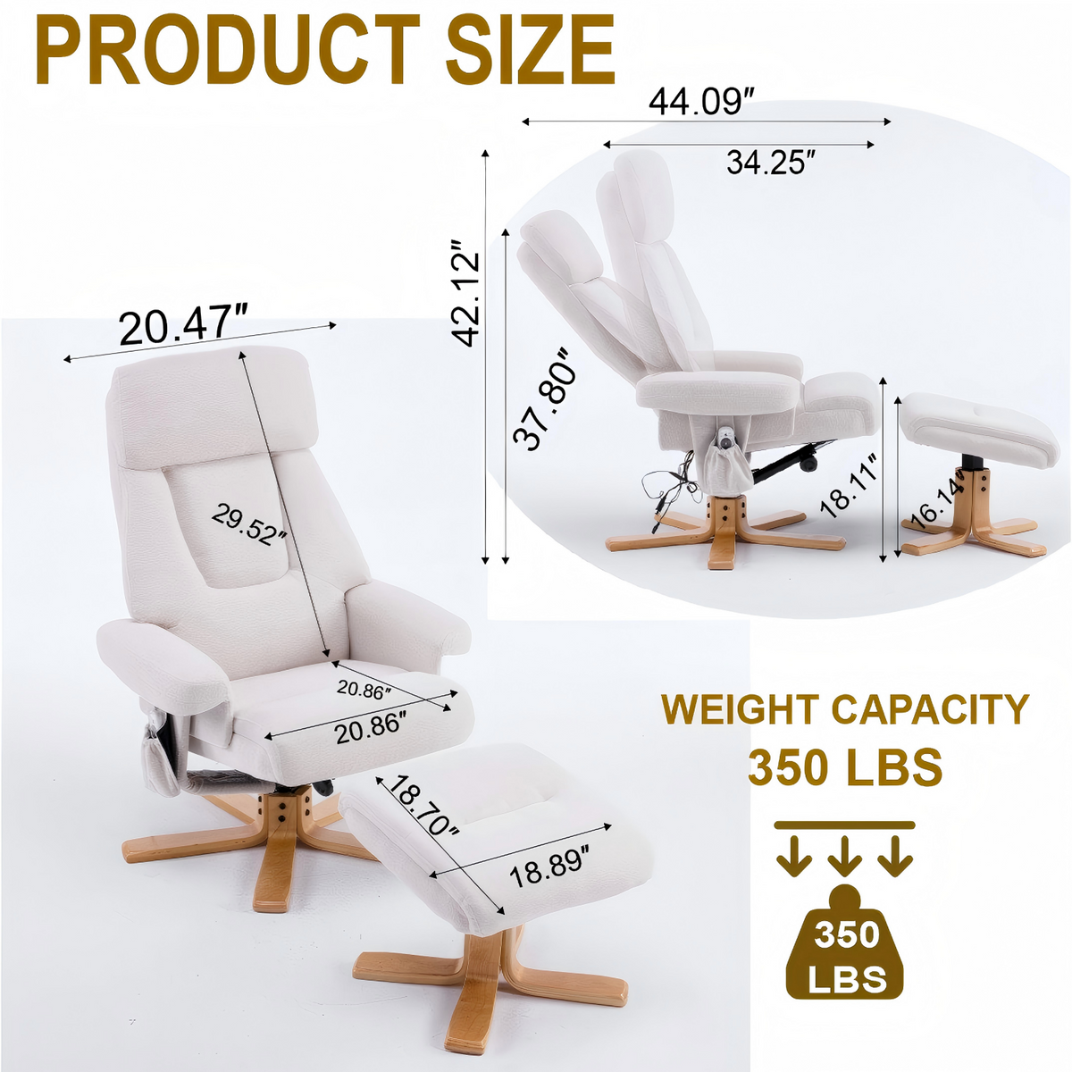 Modern Heated Massage 360° Swivel Recliner Accent Chair with Ottoman, Ergonomic detail image 3