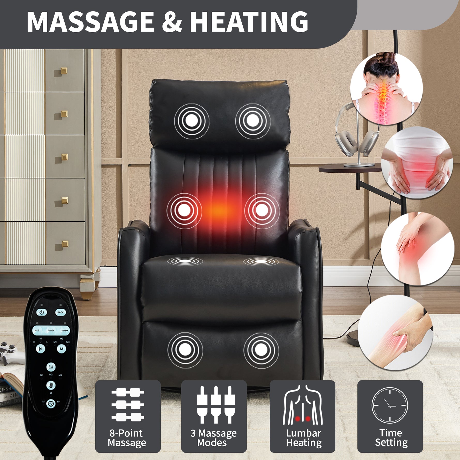 Faux Leather Heat Massage Manual Recliner Chair with Rocker and Swivel for Living Room detail image 8