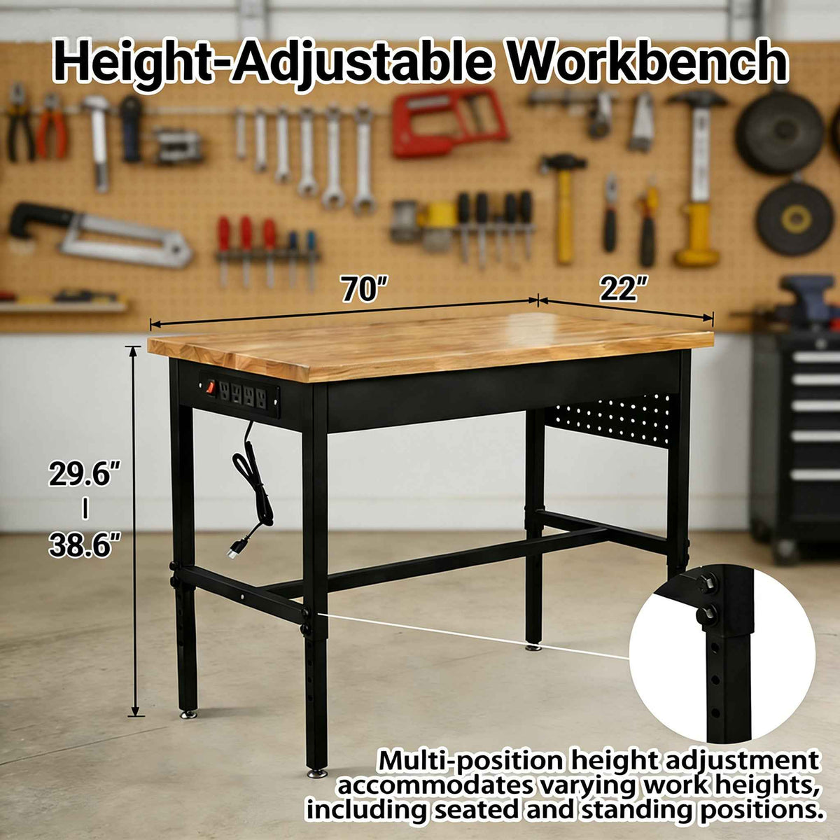 Heavy-Duty Adjustable Workbench with Power Outlet for workshop, garage, storage, or utility use