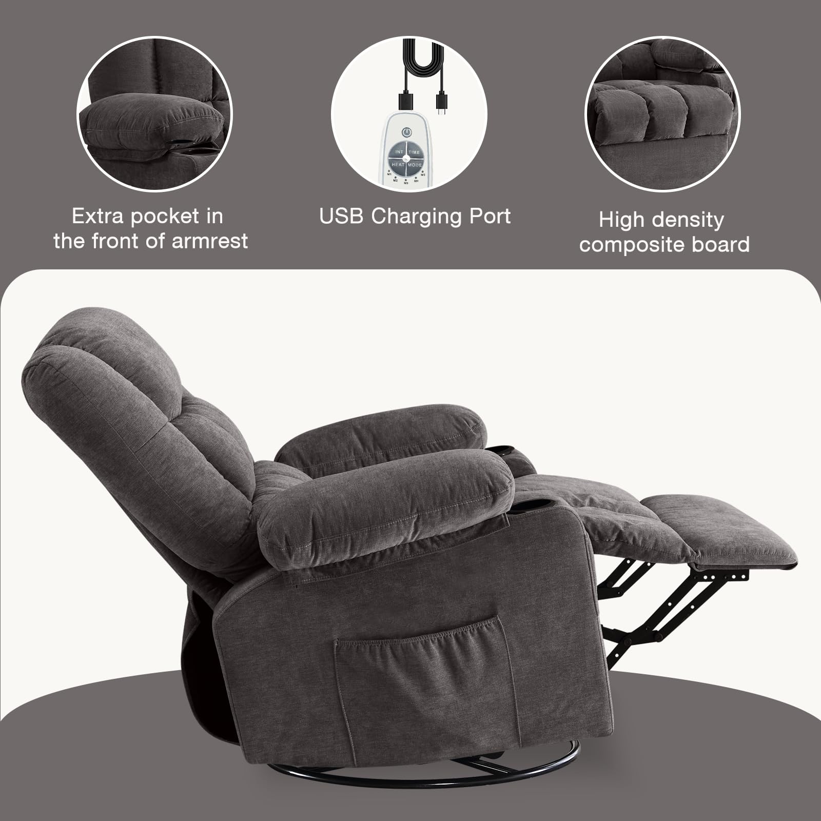 Massage Swivel Rocker Recliner with Vibration, Heat & Ergonomic Lounge Support detail image 29