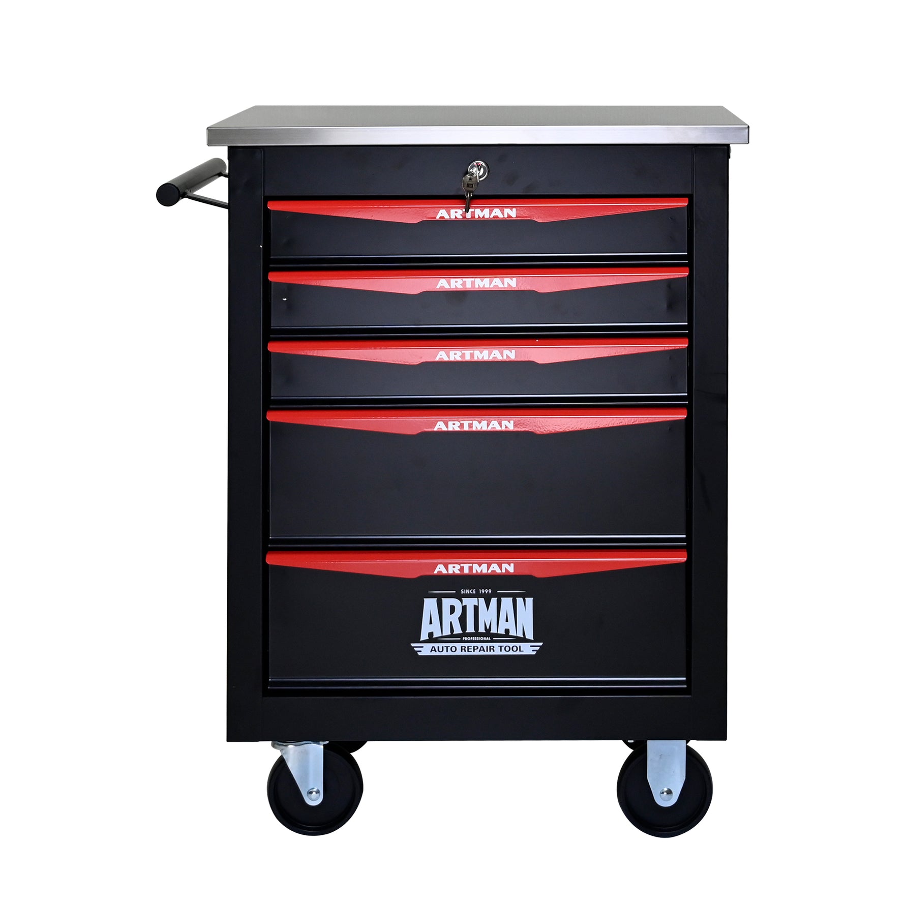 Rolling 5-Drawer Steel Tool Chest with Stainless Steel Top for workshop, garage, storage, or utility use