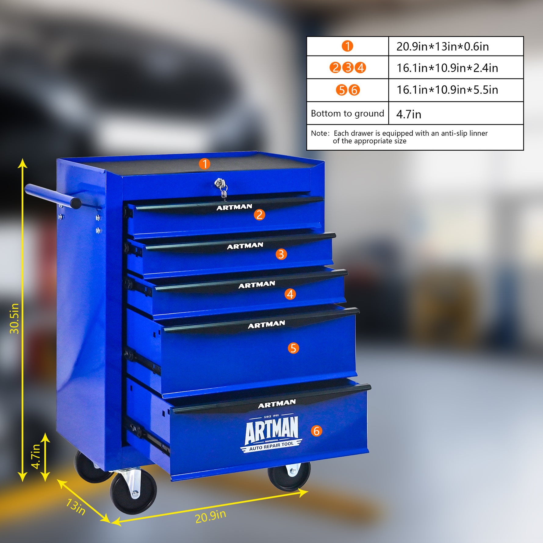 Rolling 5-Drawer Steel Tool Chest with Stainless Steel Top for workshop, garage, storage, or utility use