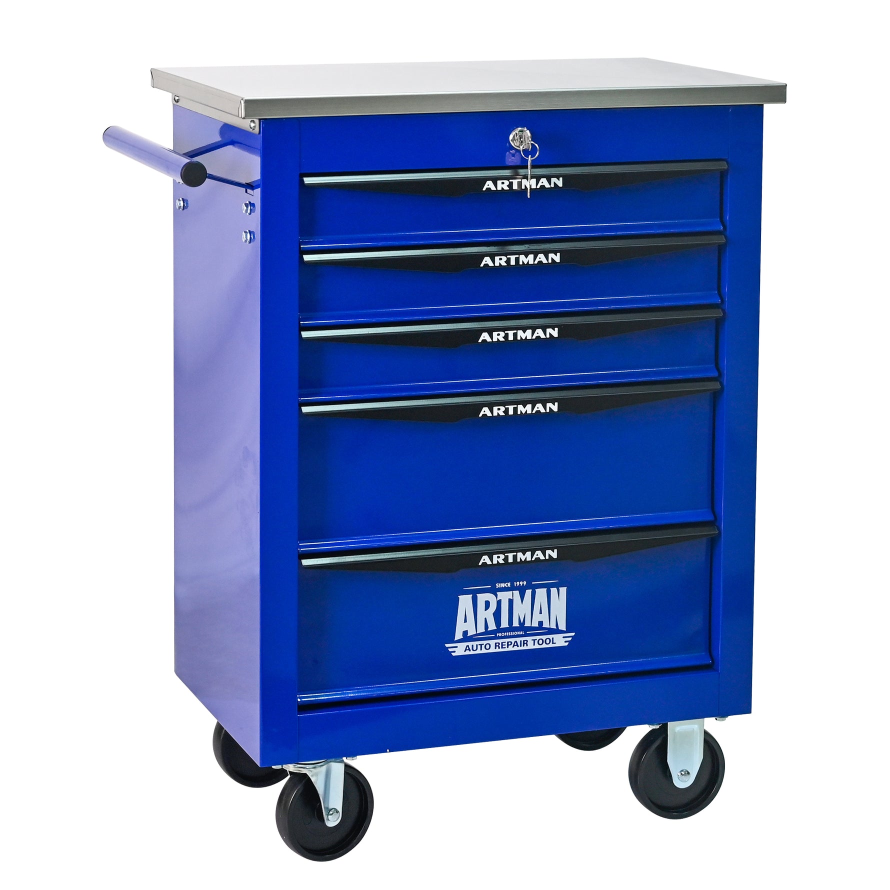 Rolling 5-Drawer Steel Tool Chest with Stainless Steel Top for workshop, garage, storage, or utility use