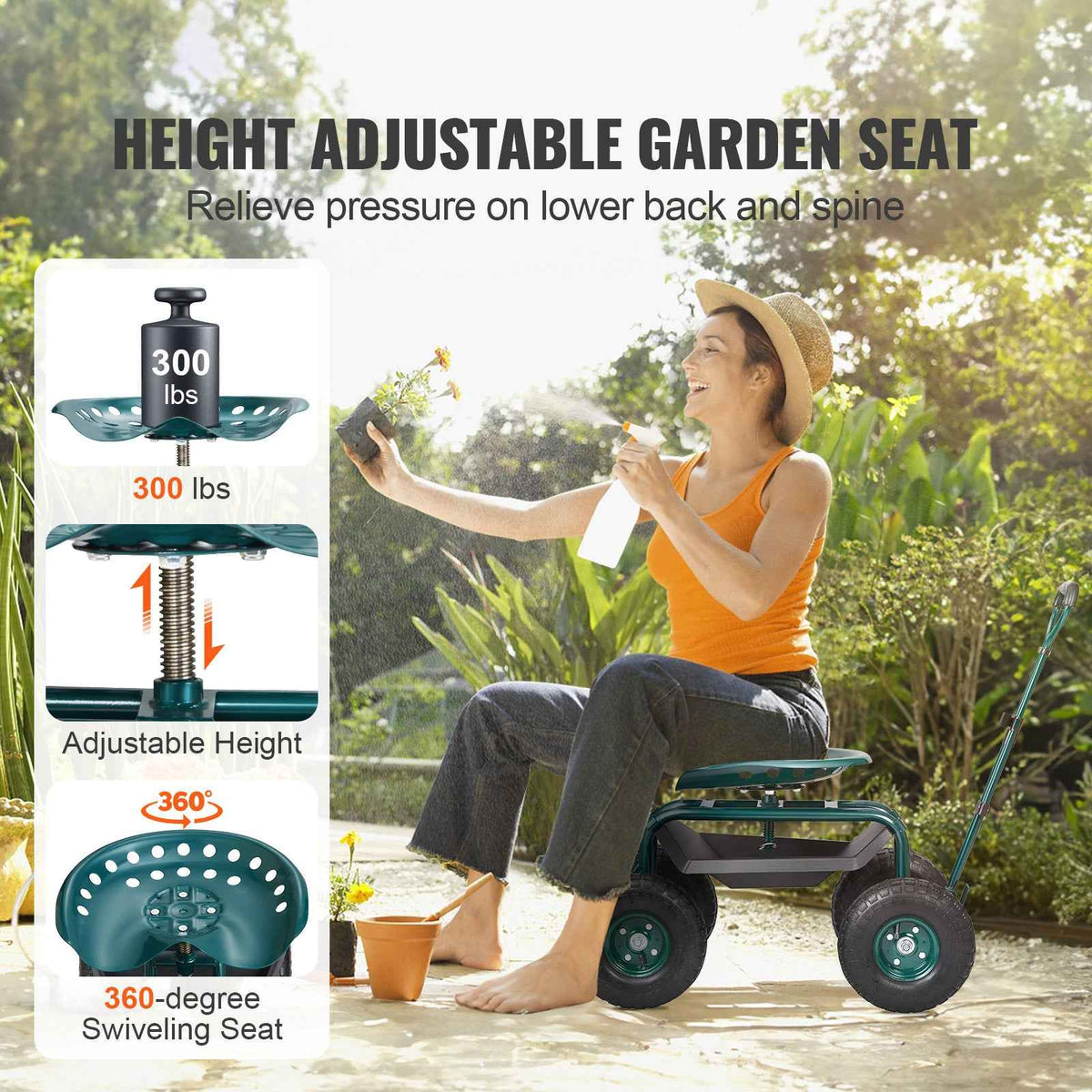 Rolling Garden Workseat with 360° Swivel Seat for workshop, garage, storage, or utility use