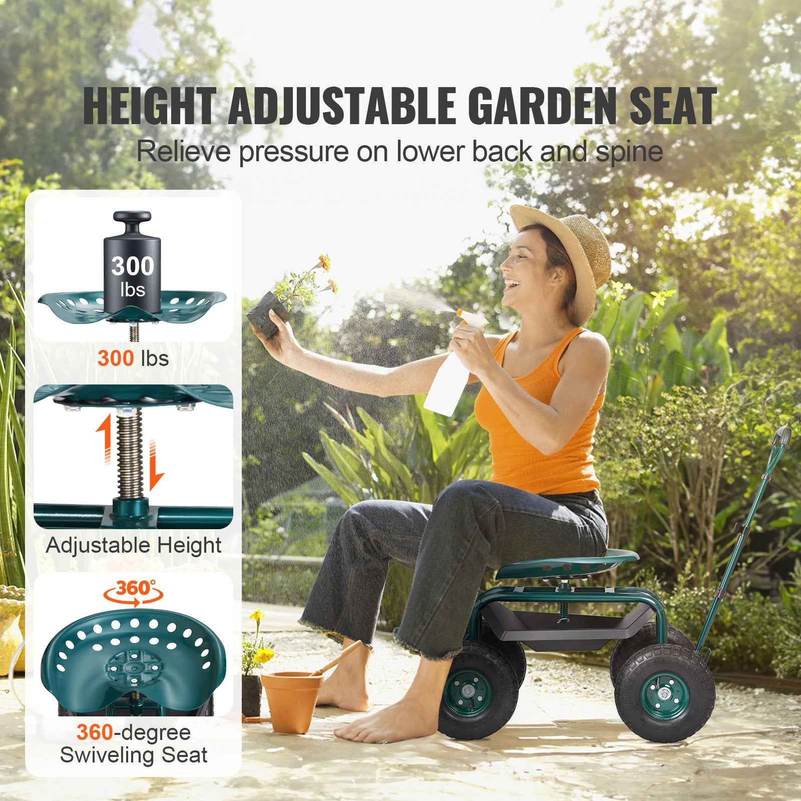 Rolling Garden Workseat with 360° Swivel Seat for workshop, garage, storage, or utility use