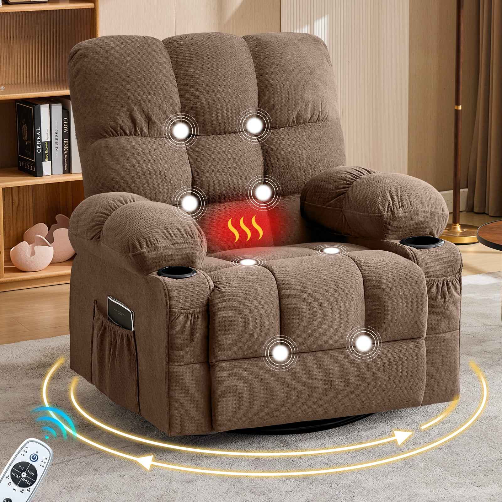 Massage Swivel Rocker Recliner Chair with Vibration, Lumbar Heating, Side Pocket detail image 8