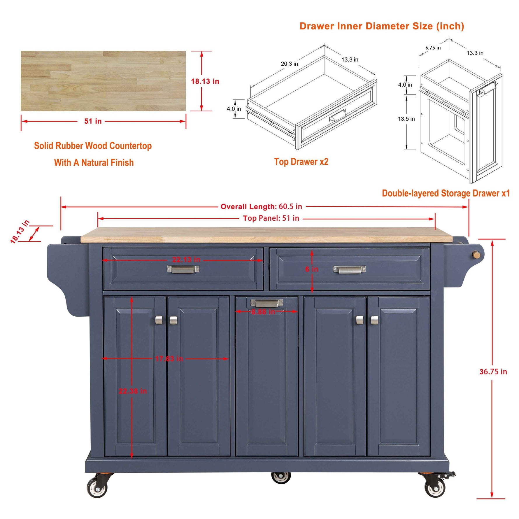 Rubberwood Drop-Leaf Kitchen Cart with 3 Drawers product view 46