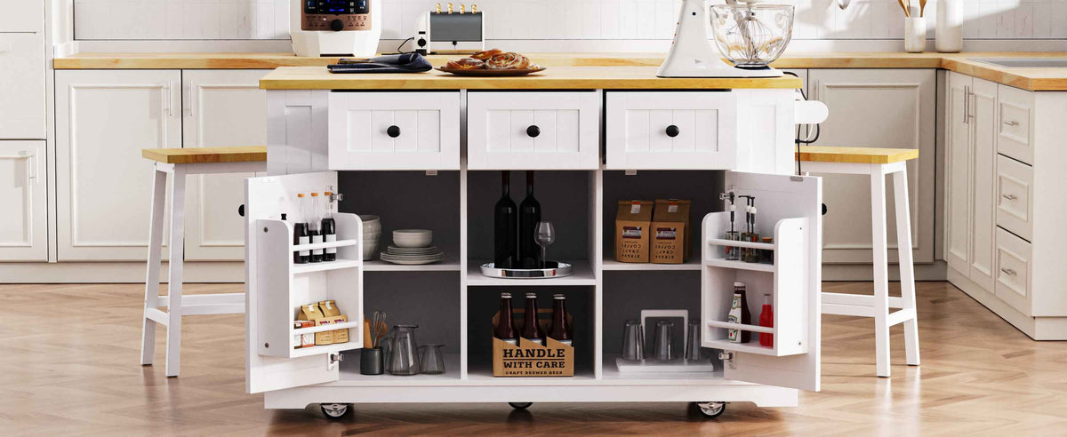 53 in. Farmhouse Kitchen Island with Power Outlet & Stools product view 53
