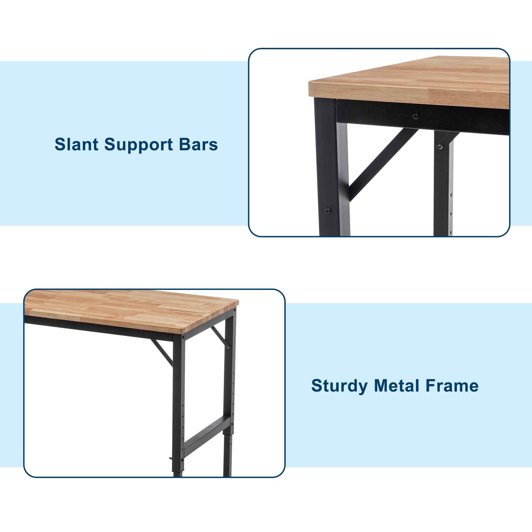 Adjustable Height Heavy-Duty Workbench, Rubber Wood Top Workstation with Power Outlets for workshop, garage, storage, or utility use