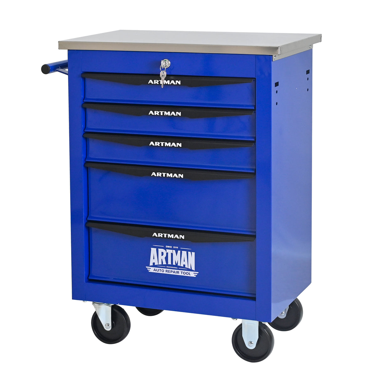 Rolling 5-Drawer Steel Tool Chest with Stainless Steel Top for workshop, garage, storage, or utility use