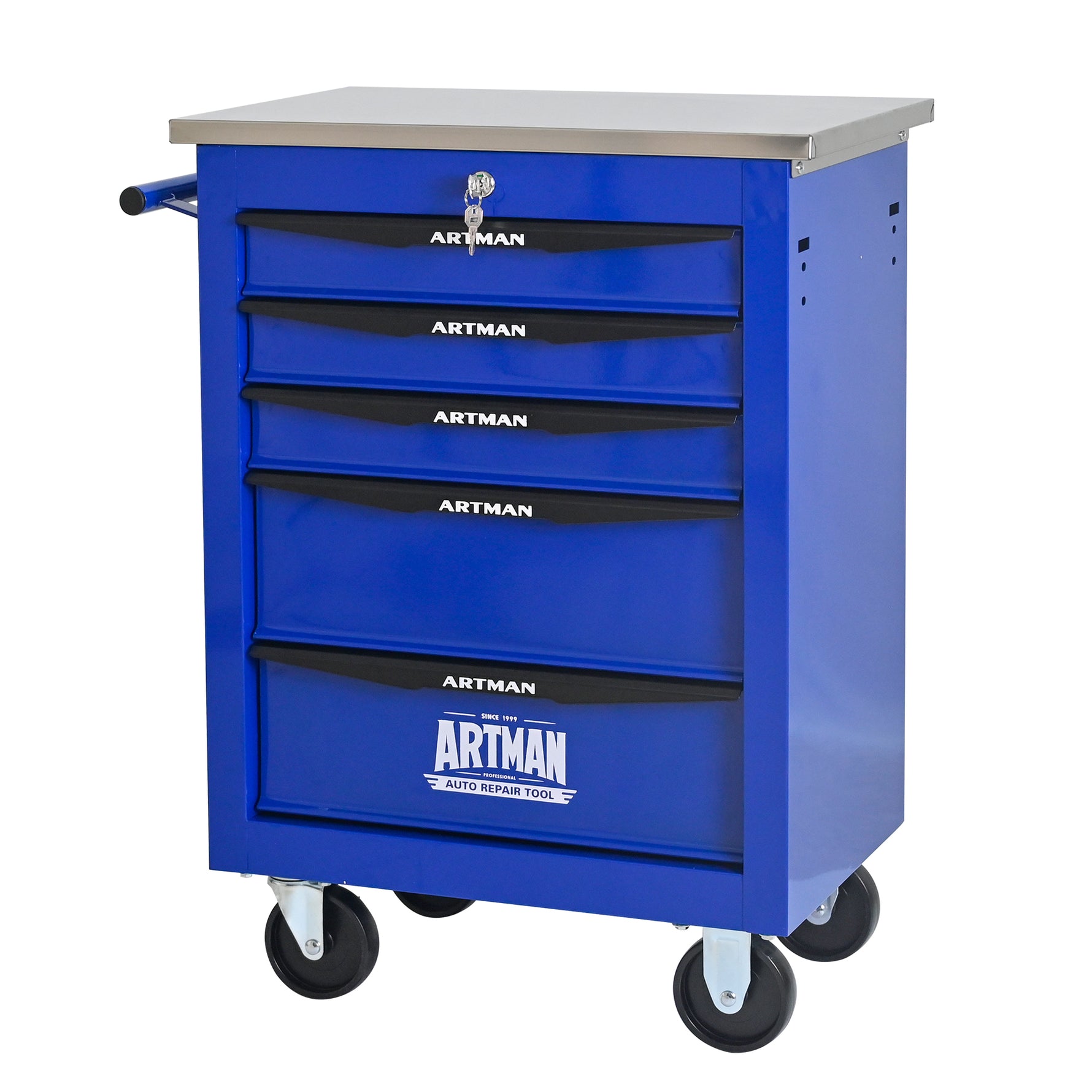 Rolling 5-Drawer Steel Tool Chest with Stainless Steel Top for workshop, garage, storage, or utility use