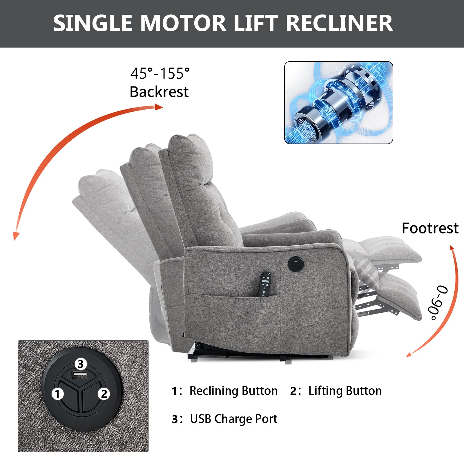 Chenille Single-Motor Power Lift Recliner with Massage & Heat detail image 5
